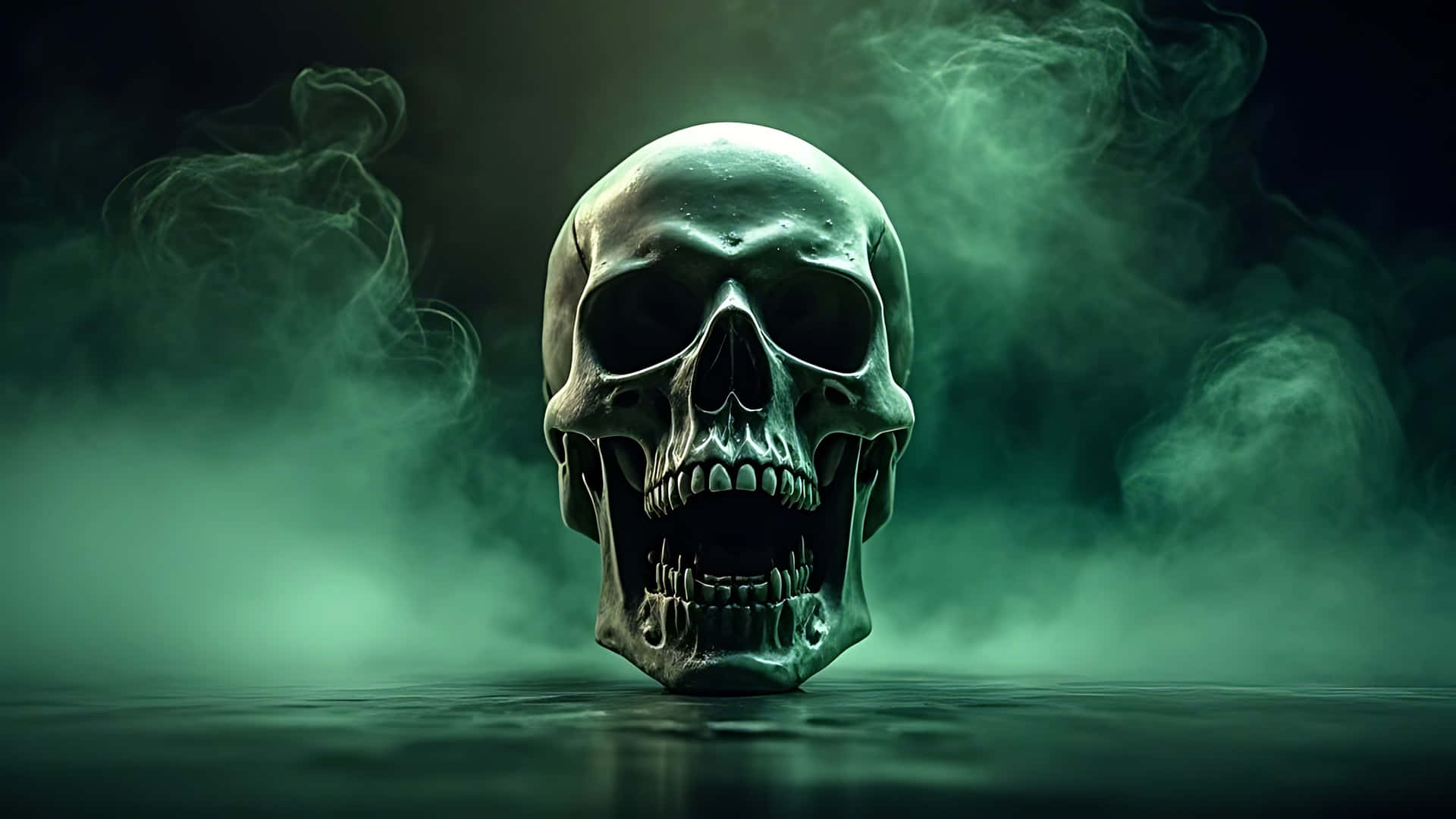 Skull in Green Fog with Fading Screams. skull wallpaper 壁紙 — 一個人類頭骨從渾濁的綠色水中浮現，周圍環繞著旋轉的薄霧，光線昏暗。