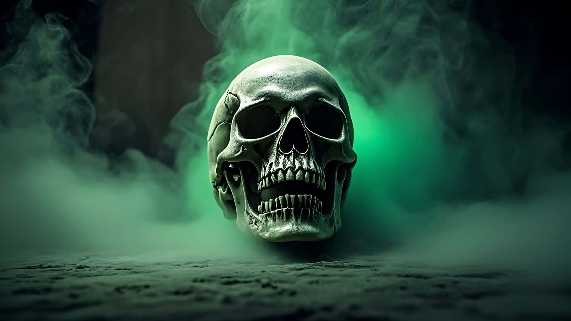 Skull in Green Fog with Fading Screams. skull wallpaper 壁紙 — 一個人類頭骨從迷霧中浮現，沐浴在詭異的綠光中，背景是深色石頭。