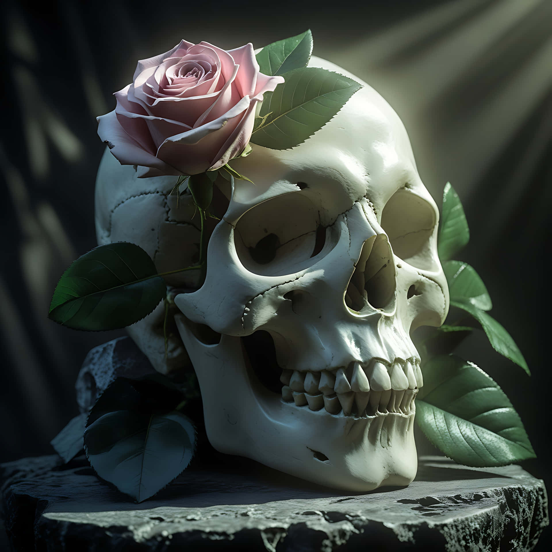 Rose-Kissed Skull in Moonlit Shadows. lovely skull wallpaper 壁紙 — 一個人類頭骨放在石座上，額頭處有一朵精緻的粉紅玫瑰和綠葉依偎著。