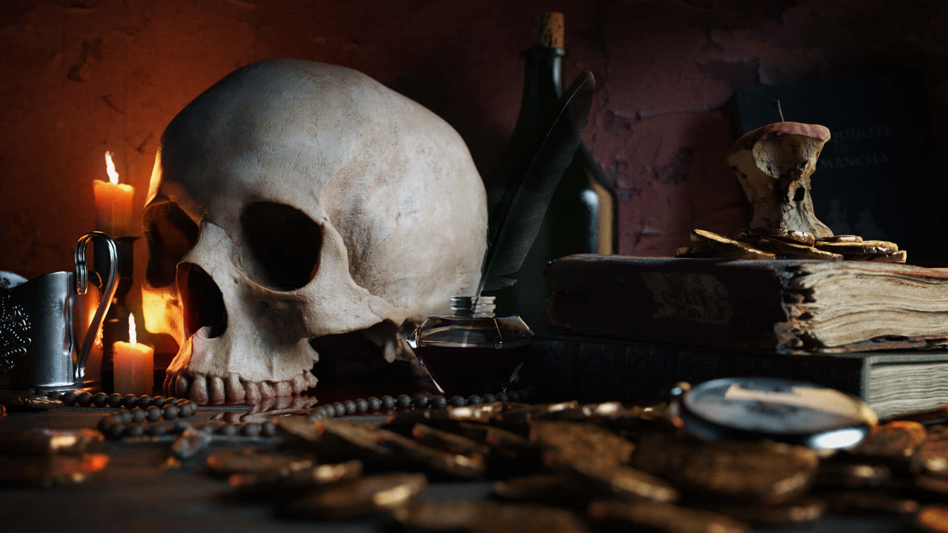 Memento Mori 桌布 壁紙 — 一個人類頭骨放置在散落的硬幣、蠟燭和舊書之間，處於燈光昏暗的哥德式書房中。