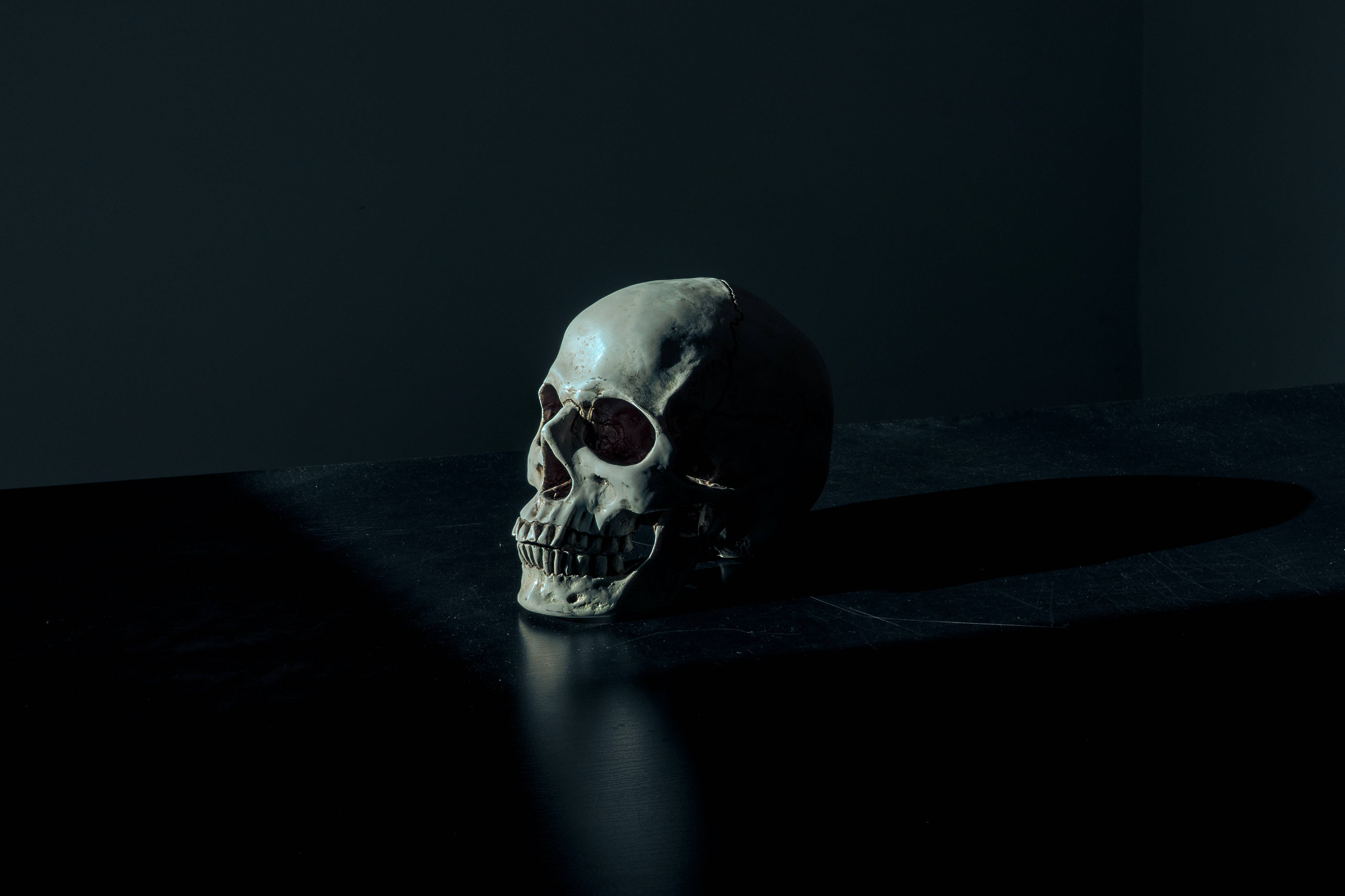 skulls 桌布 壁紙 — 一個人類頭骨放置在黑色背景下的黑暗表面上，沐浴在戲劇性的側光中。