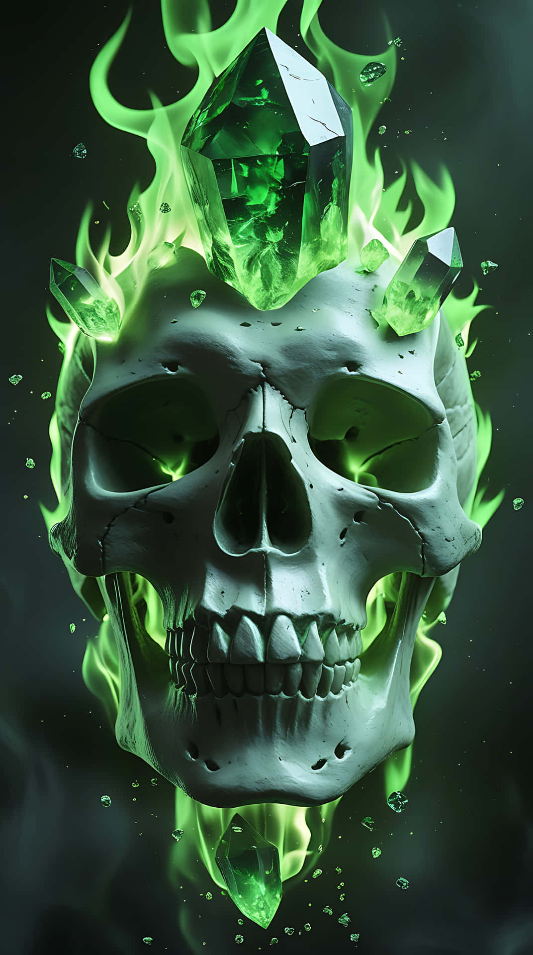 Mystical Skull with Green Fire and Floating Crystals. smartphone wallpaper 壁紙 — 一個人類頭骨被鮮綠色火焰環繞，嵌入並漂浮著發光的綠色水晶，背景為黑暗。