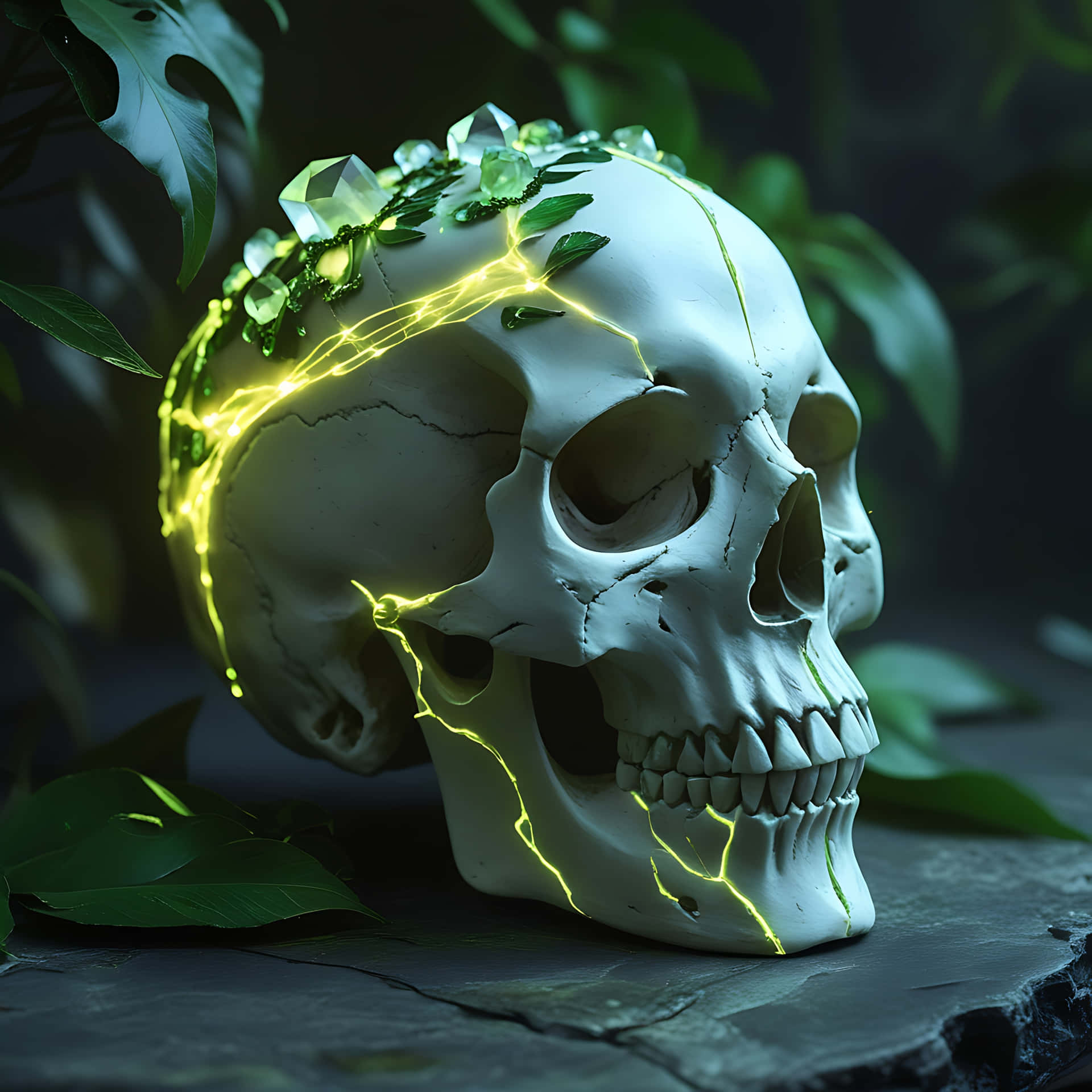 Ethereal Skull with Glowing Crystal Veins. skull wallpaper 壁紙 — 一個人類頭骨飾以發光的綠色藤蔓和水晶，躺在被深色樹葉環繞的石頭上。