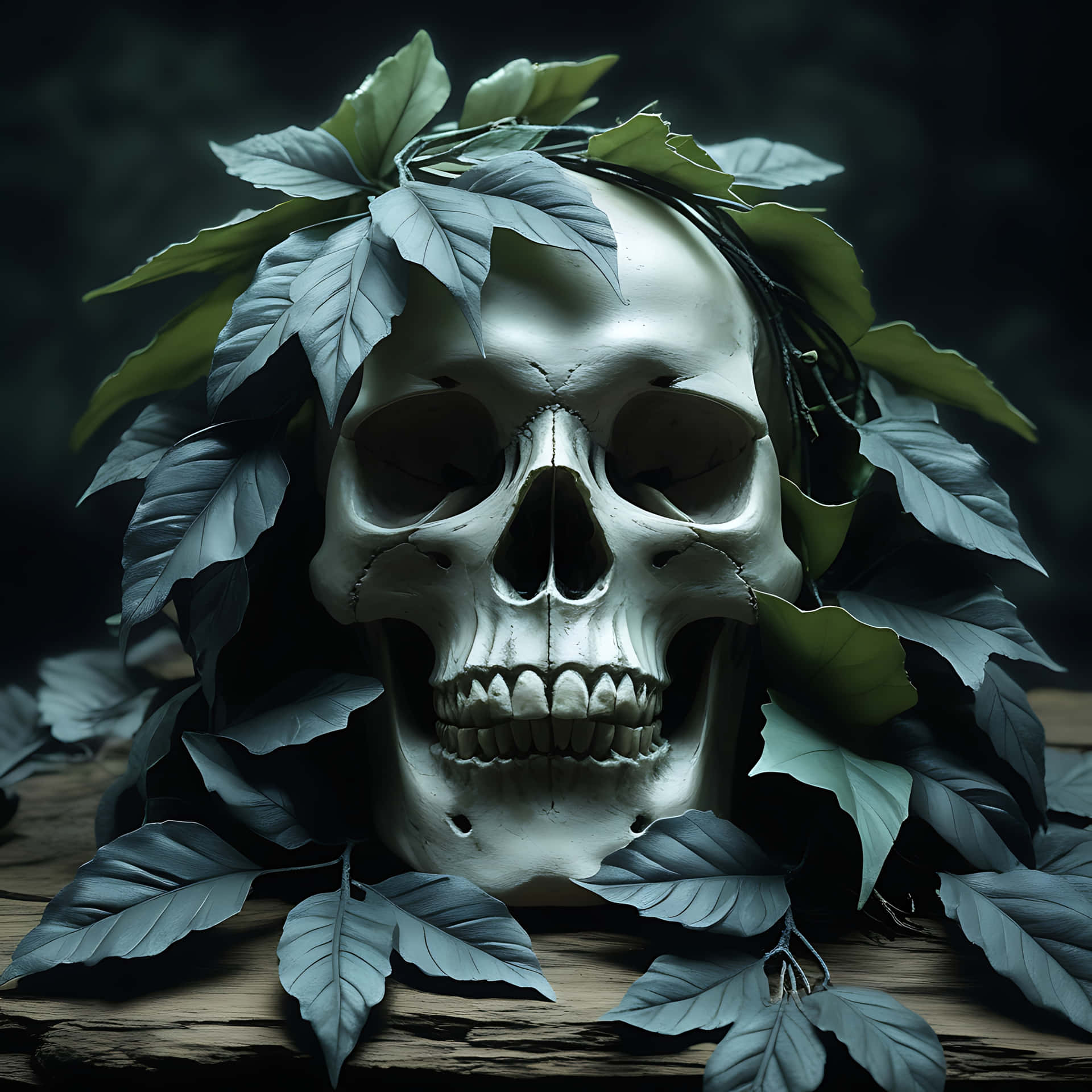 Haunting Skull Wrapped in Shadowy Leaves. skull wallpaper 壁紙 — 一個人類頭骨飾以茂盛的綠葉，在陰暗的燈光下放置在風化的木質表面上。