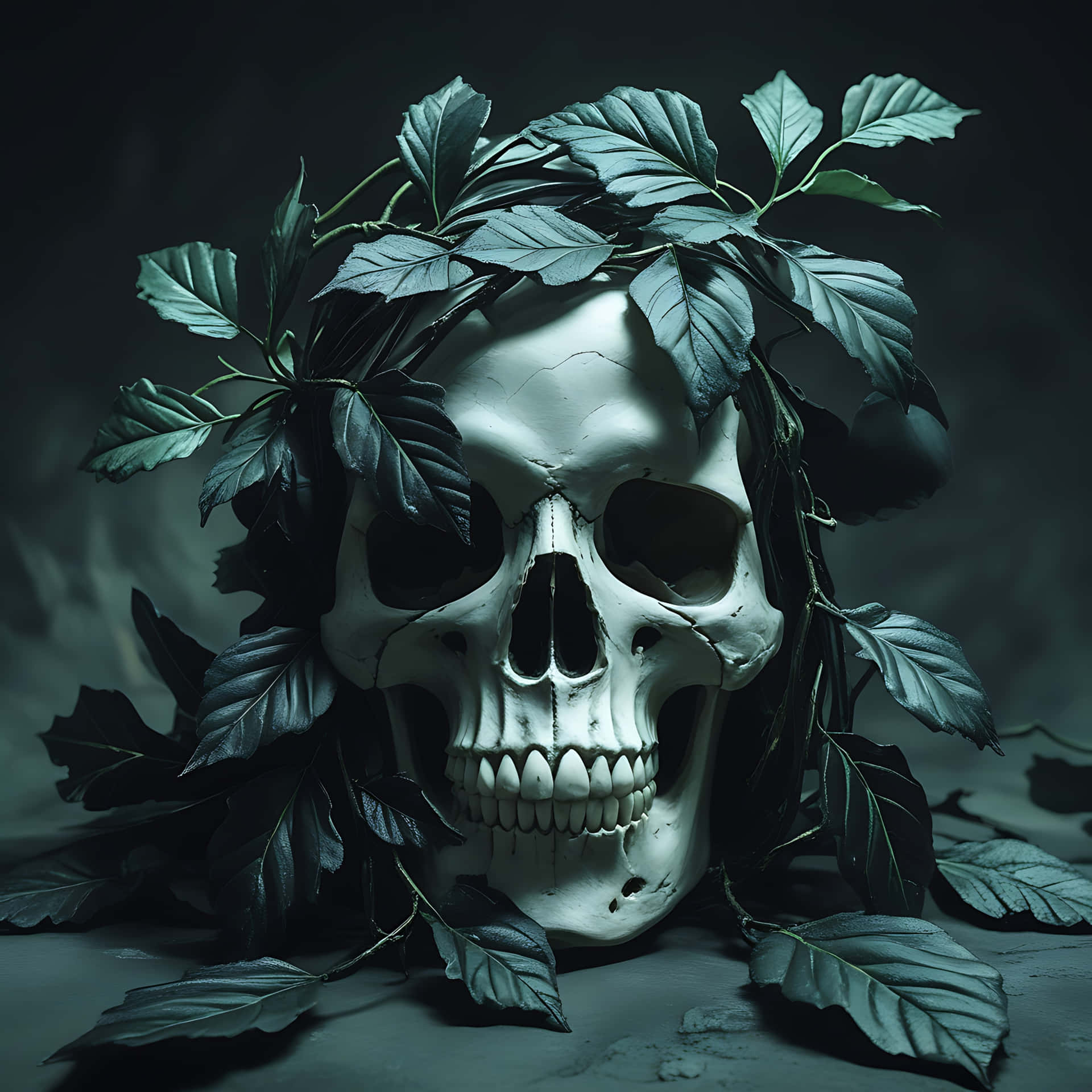 Haunting Skull Wrapped in Shadowy Leaves. skull wallpaper 壁紙 — 一個人類頭骨飾有深綠色葉子，放置在灰色表面上，燈光營造氛圍。