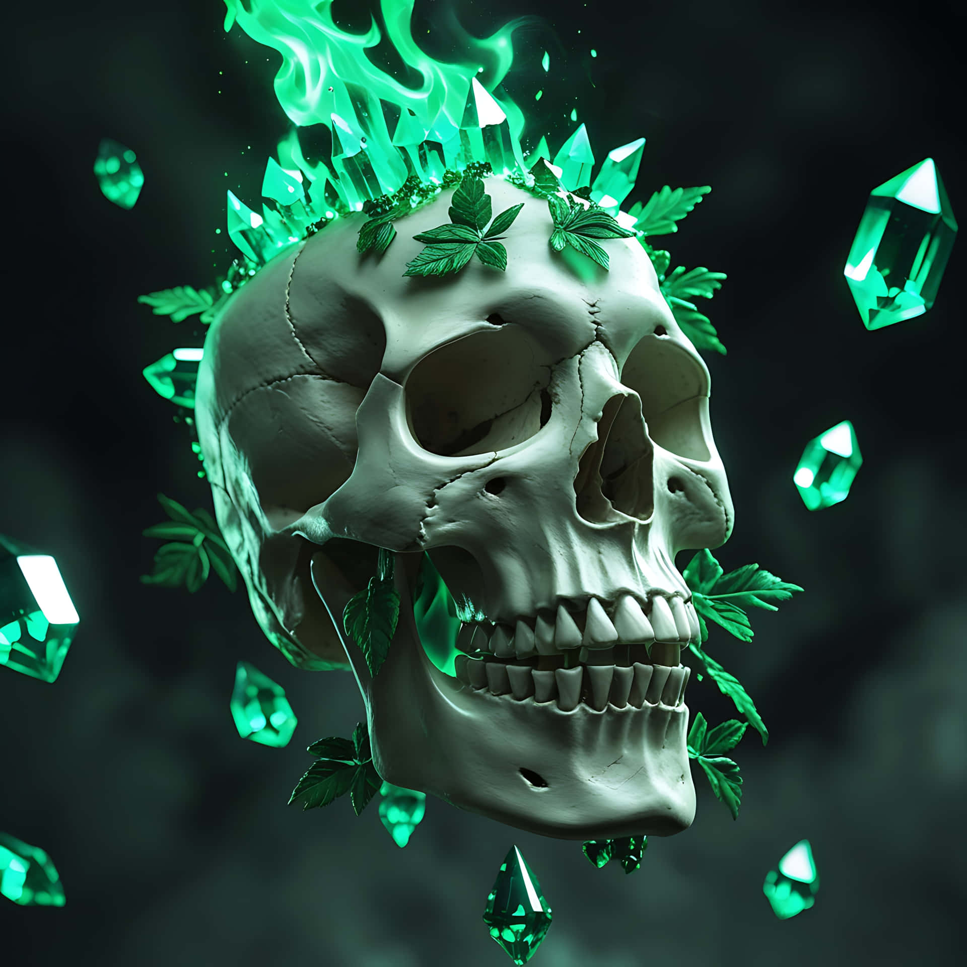 Mystic Skull with Emerald Flames and Floating Crystals 壁紙 — 一個人類頭骨飾有發光的綠色水晶和葉子，周圍環繞著漂浮的祖母綠寶石，背景是黑暗煙霧繚繞。