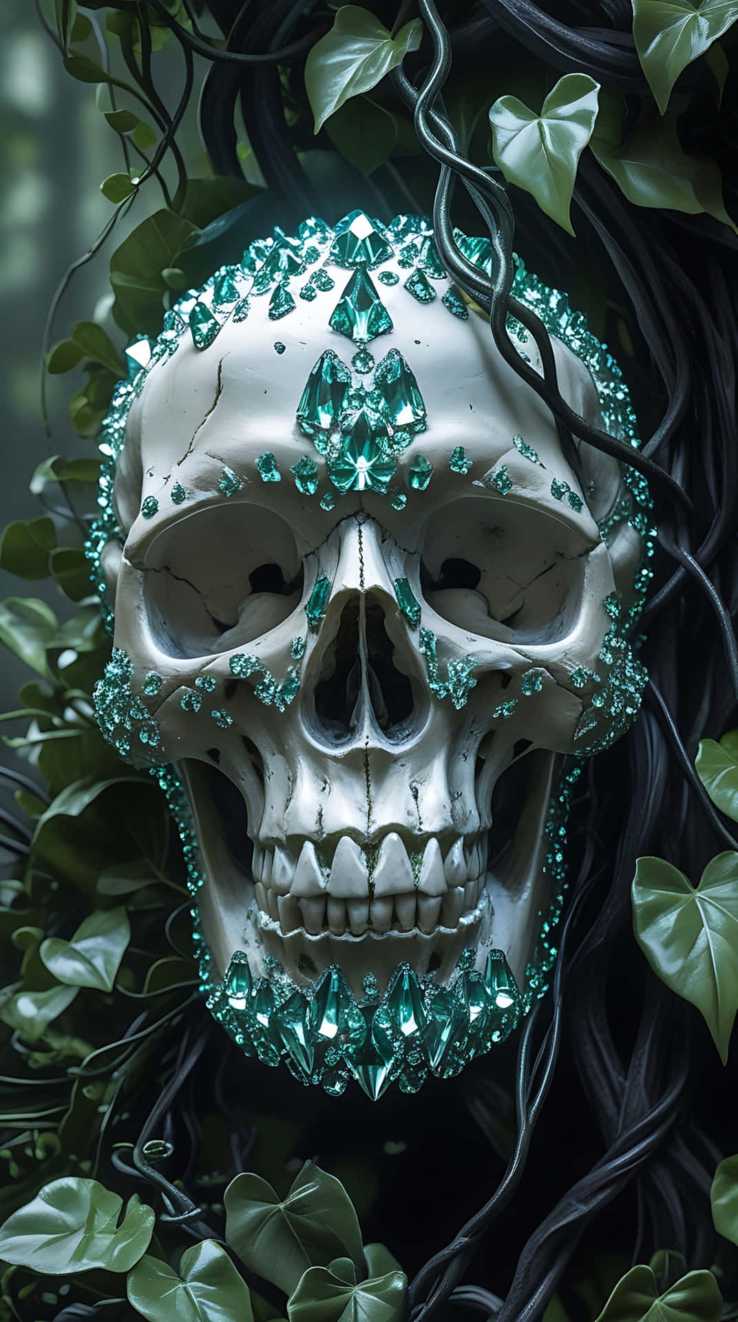 Crystal-Encrusted Skull Amidst Twisting Vines. skull wallpaper 壁紙 — 一個人類頭骨飾有閃閃發光的藍綠色水晶，被深色藤蔓和綠色常春藤葉纏繞。