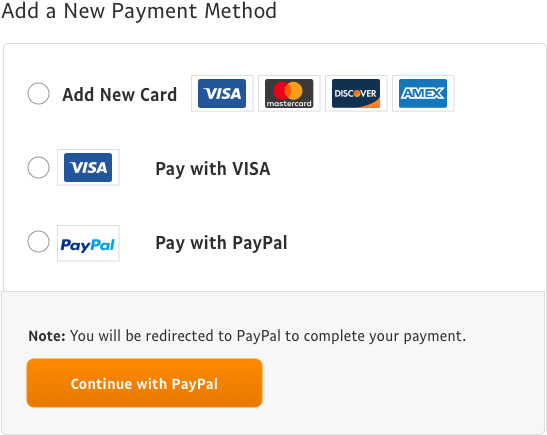 PayPal 桌布 壁紙 — 一個付款介面，提供新增卡或使用 Visa、PayPal 或 Discover 付款的選項，並有一個突出的橙色繼續按鈕。