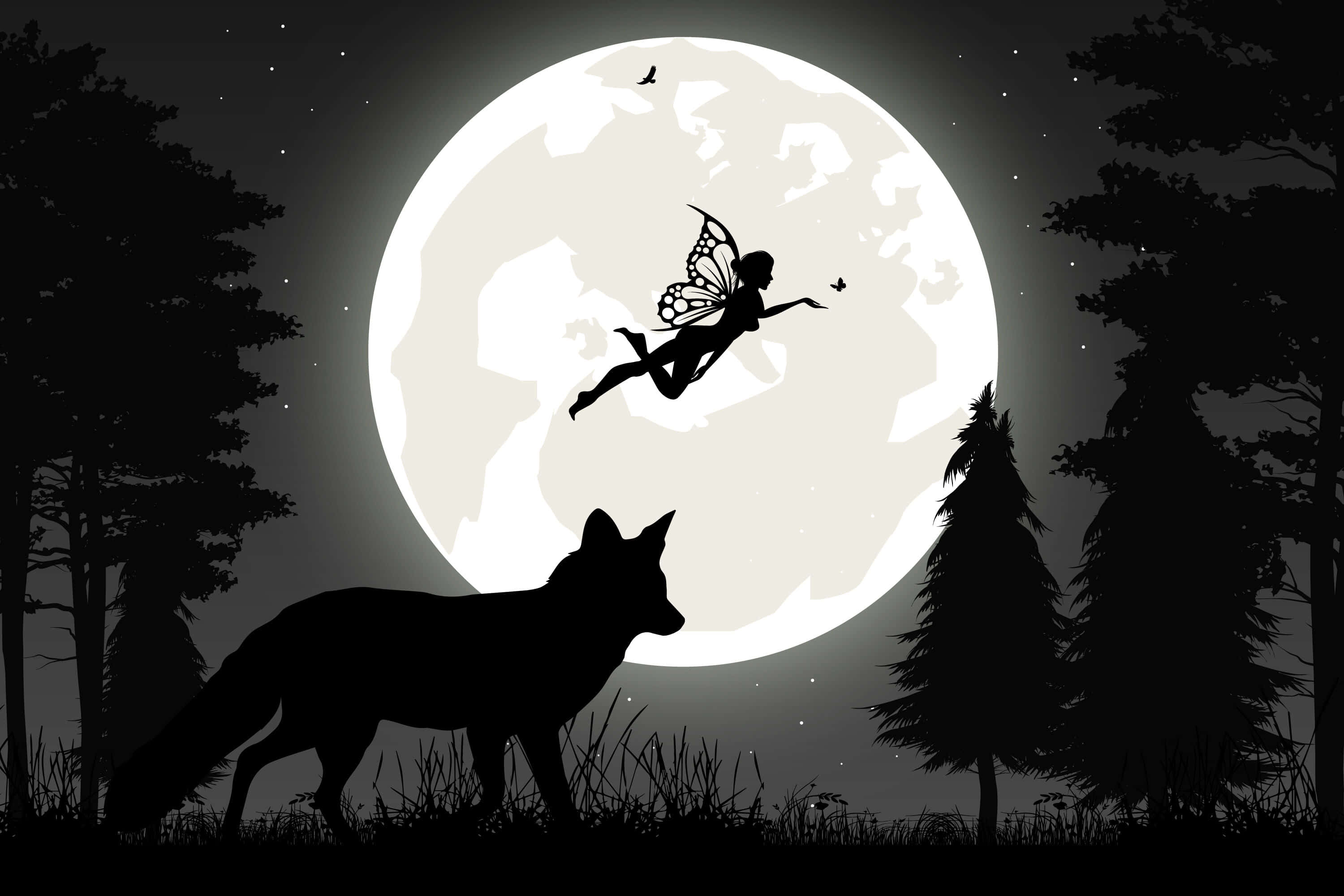 Wolf Silhouette 桌布 壁紙 — 一個仙女剪影在巨大月亮前飛翔，狐狸在下方觀望，背景是星光燦爛的森林之夜。
