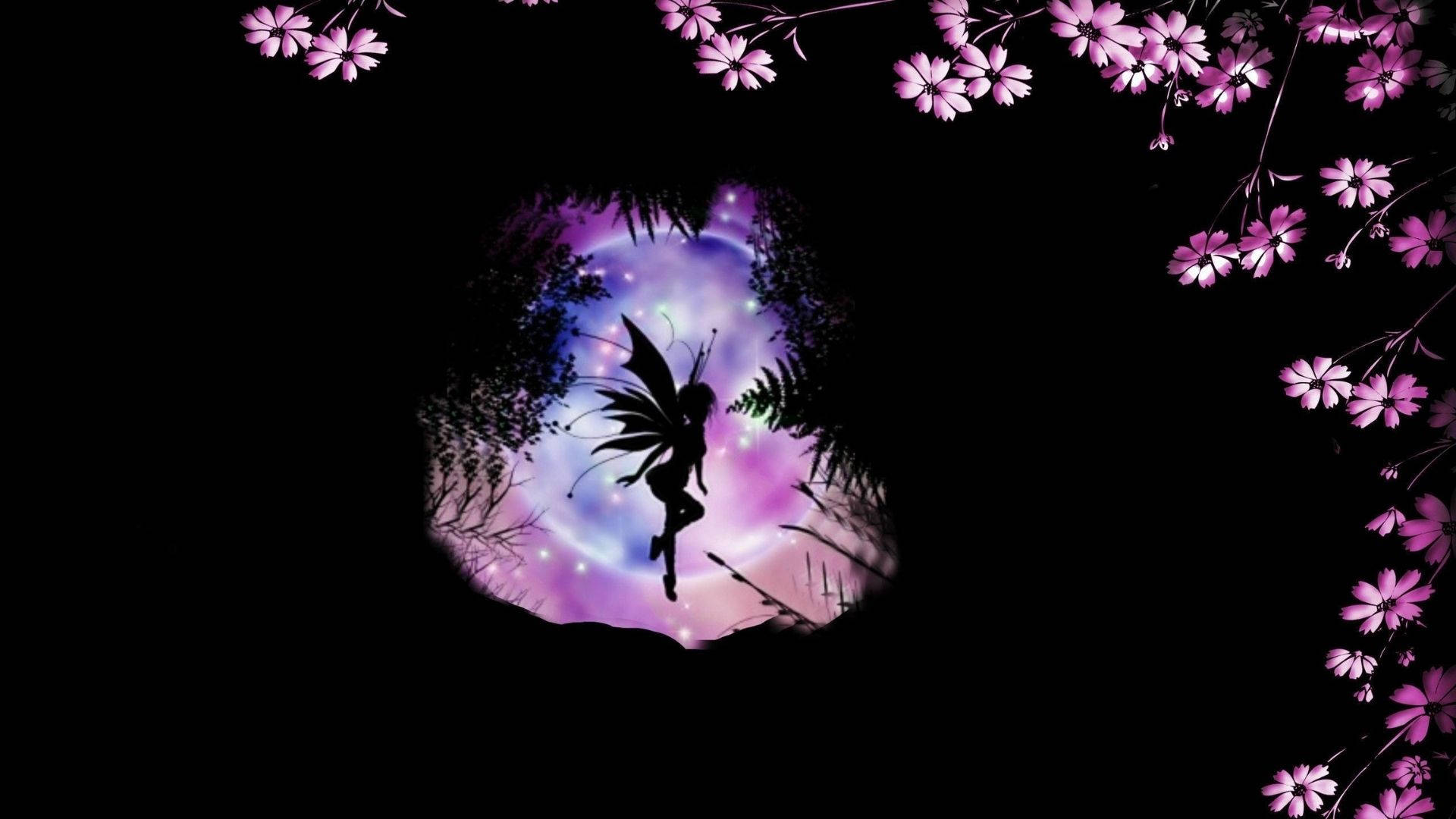 仙女美學 桌布 壁紙 — 一個仙女剪影漂浮在發光的宇宙傳送門中，由紫色櫻花環繞，背景為黑色。