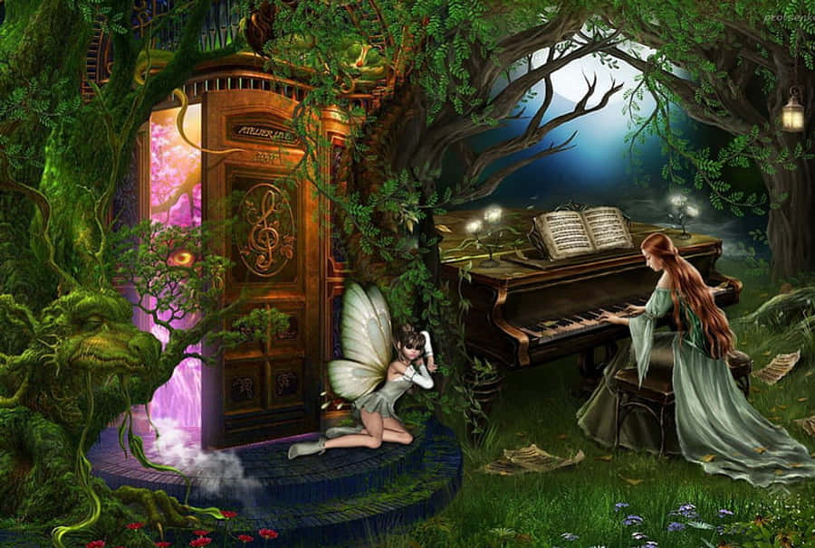 Fairy Tale 桌布 壁紙 — 一個仙女跪在神秘發光的門旁，而一個女人在月光下於茂密的魔法森林中彈奏鋼琴。
