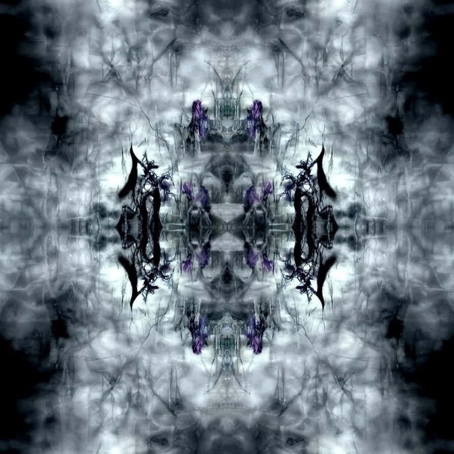 Ethereal 桌布 壁紙 — 一個令人不安的對稱抽象設計，帶有黑暗剪影和紫色點綴，從旋轉的灰色迷霧中浮現。