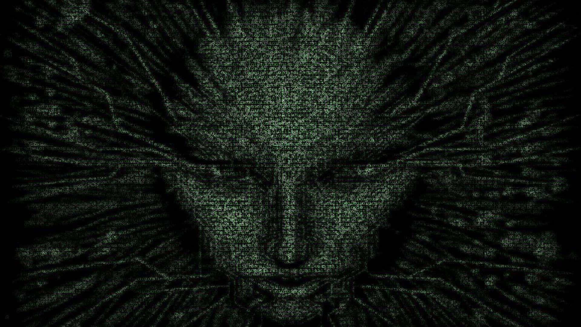 AI 桌布 壁紙 — 一個令人不安的數位面孔從深綠色像素雜訊中浮現，帶有尖銳的稜角特徵和放射狀線條。