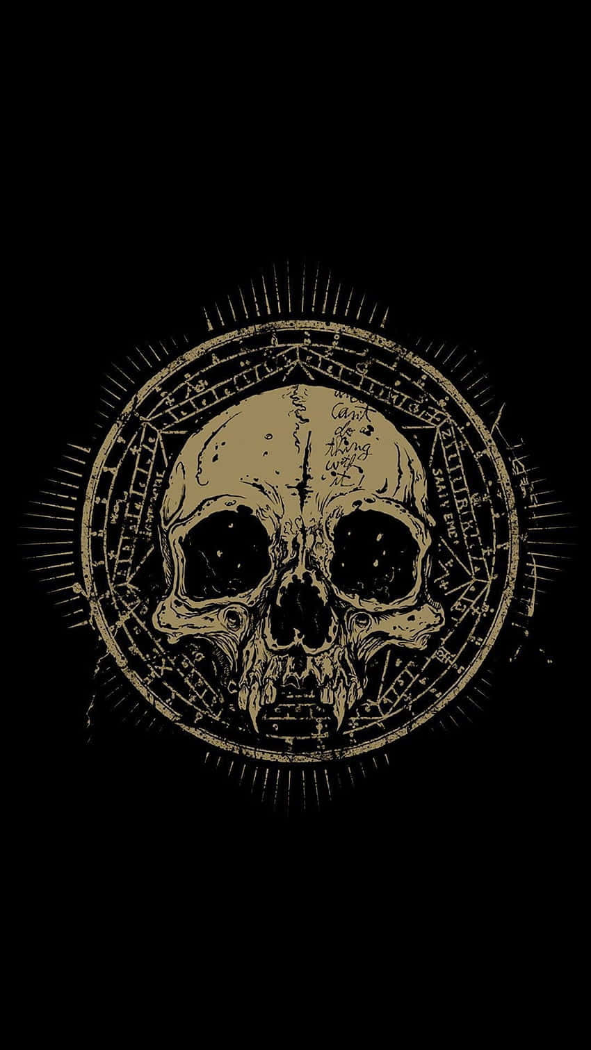Memento Mori 桌布 壁紙 — 一個令人不安的金色頭骨，被神秘符號和放射線環繞，襯托在純黑背景上。