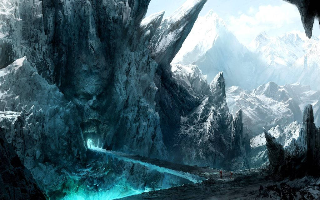 山景 桌布 壁紙 — 一個令人嘆為觀止的冰洞，在明亮的天空下，閃爍著綠松石色的水流經高聳的鋸齒狀冰川之下。