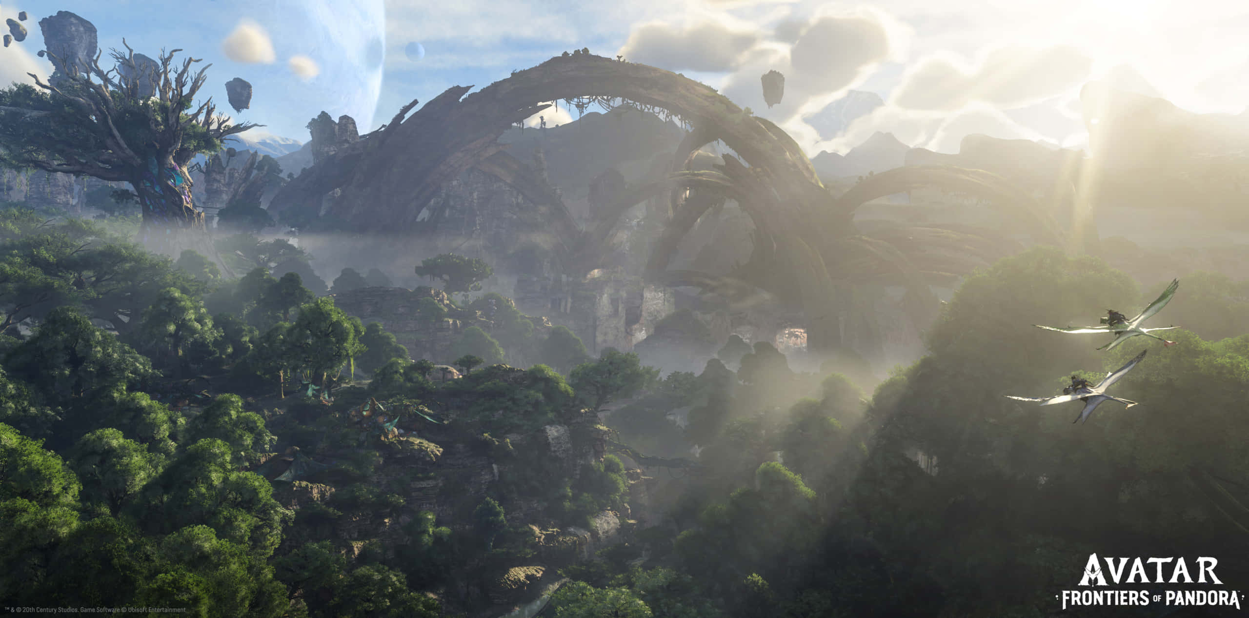 Avatar Pandora 桌布 壁紙 — 一個令人嘆為觀止的外星叢林景觀，巨大的生物發光樹木和漂浮的山脈在發光的天空下。