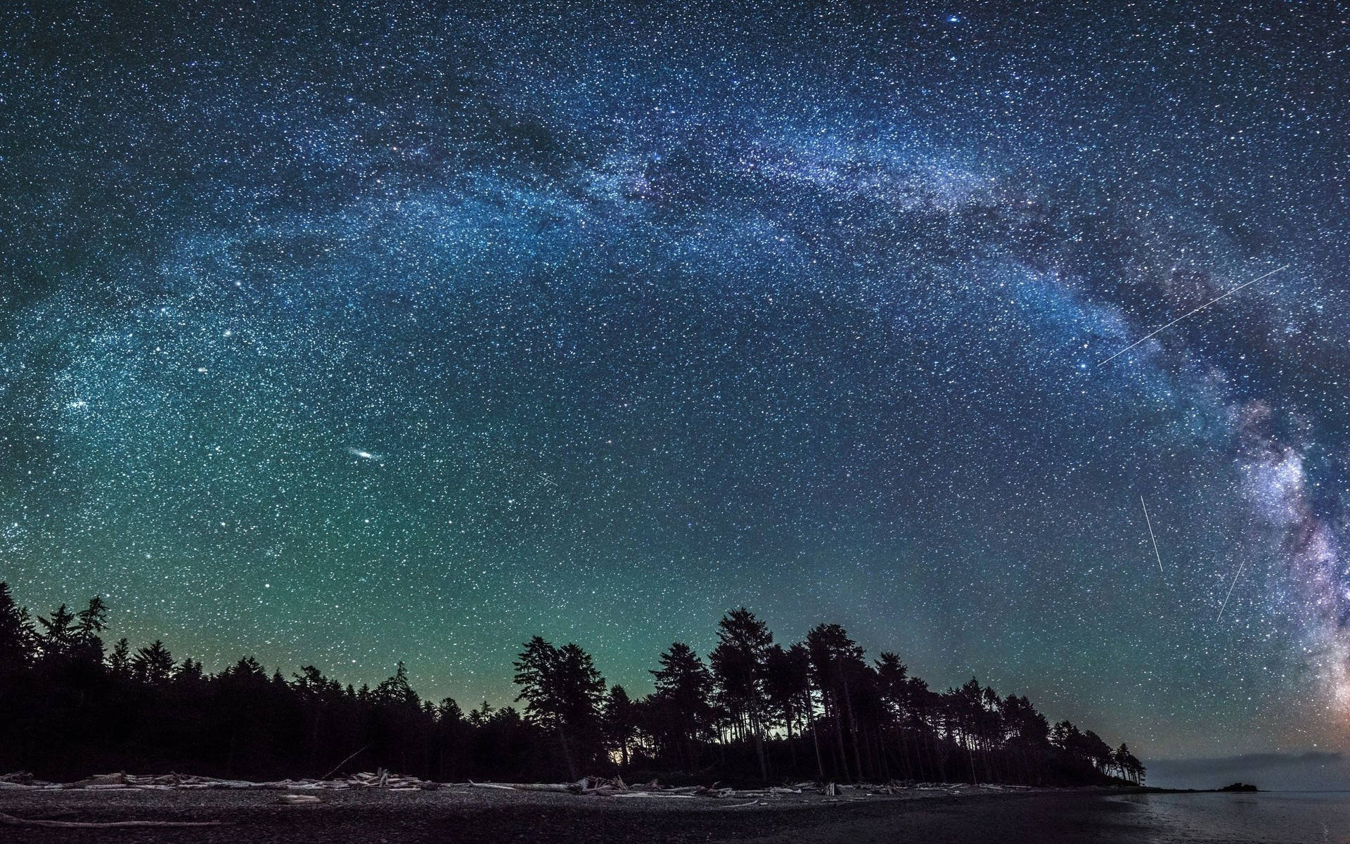 Beautiful Night 桌布 壁紙 — 一個令人嘆為觀止的夜空，佈滿星星和銀河，在水邊的黑暗森林輪廓上拱起。