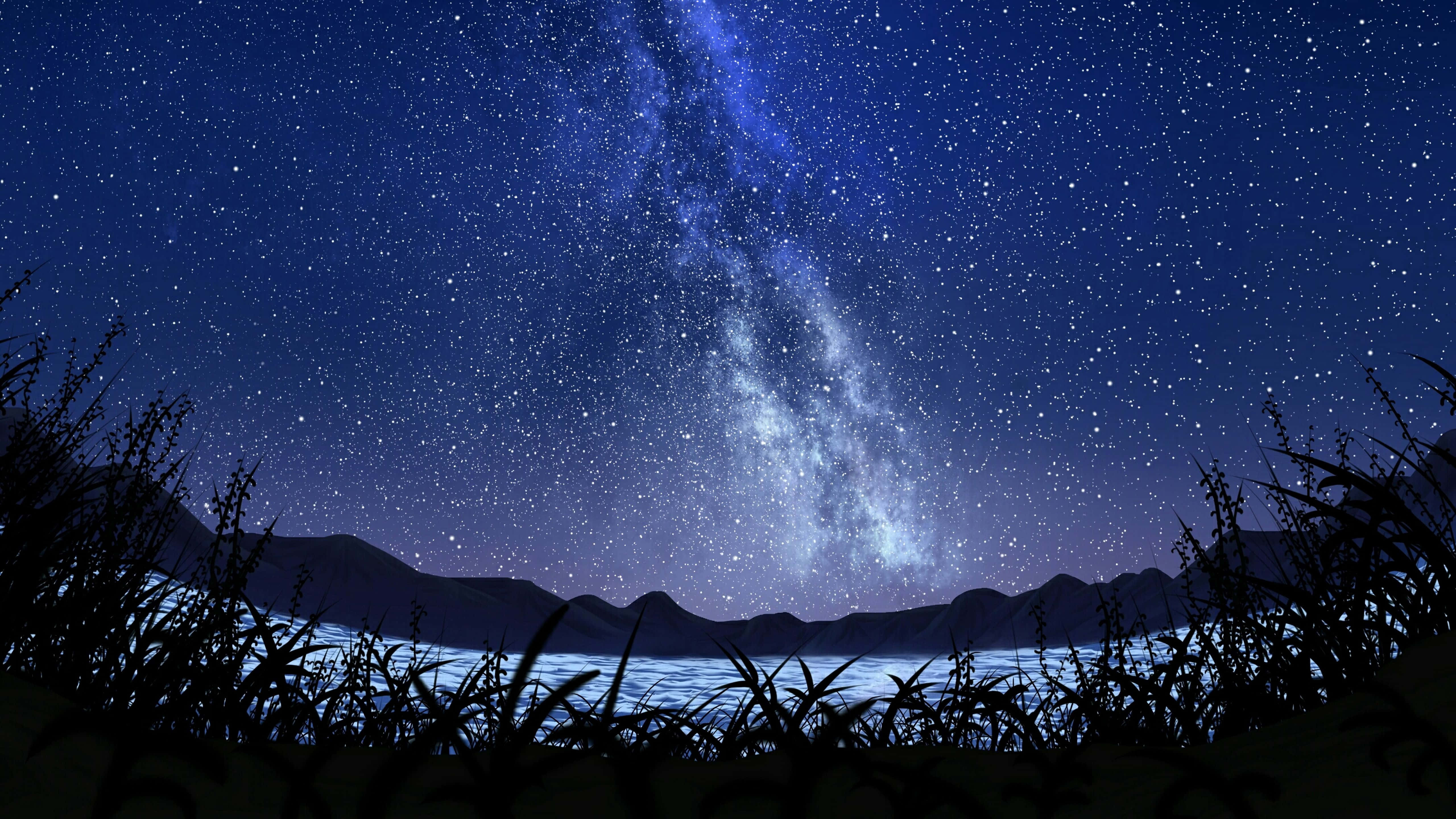 Star Sky 桌布 壁紙 — 一個令人嘆為觀止的夜空，佈滿星星和銀河，拱形在平靜的湖泊和剪影山脈之上。