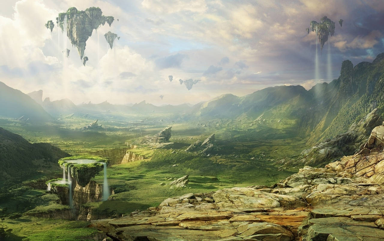 Sci Fi Landscape 桌布 壁紙 — 一個令人嘆為觀止的奇幻景觀，浮島在柔和的雲天下將瀑布傾瀉到鬱鬱蔥蔥的綠色山谷中。