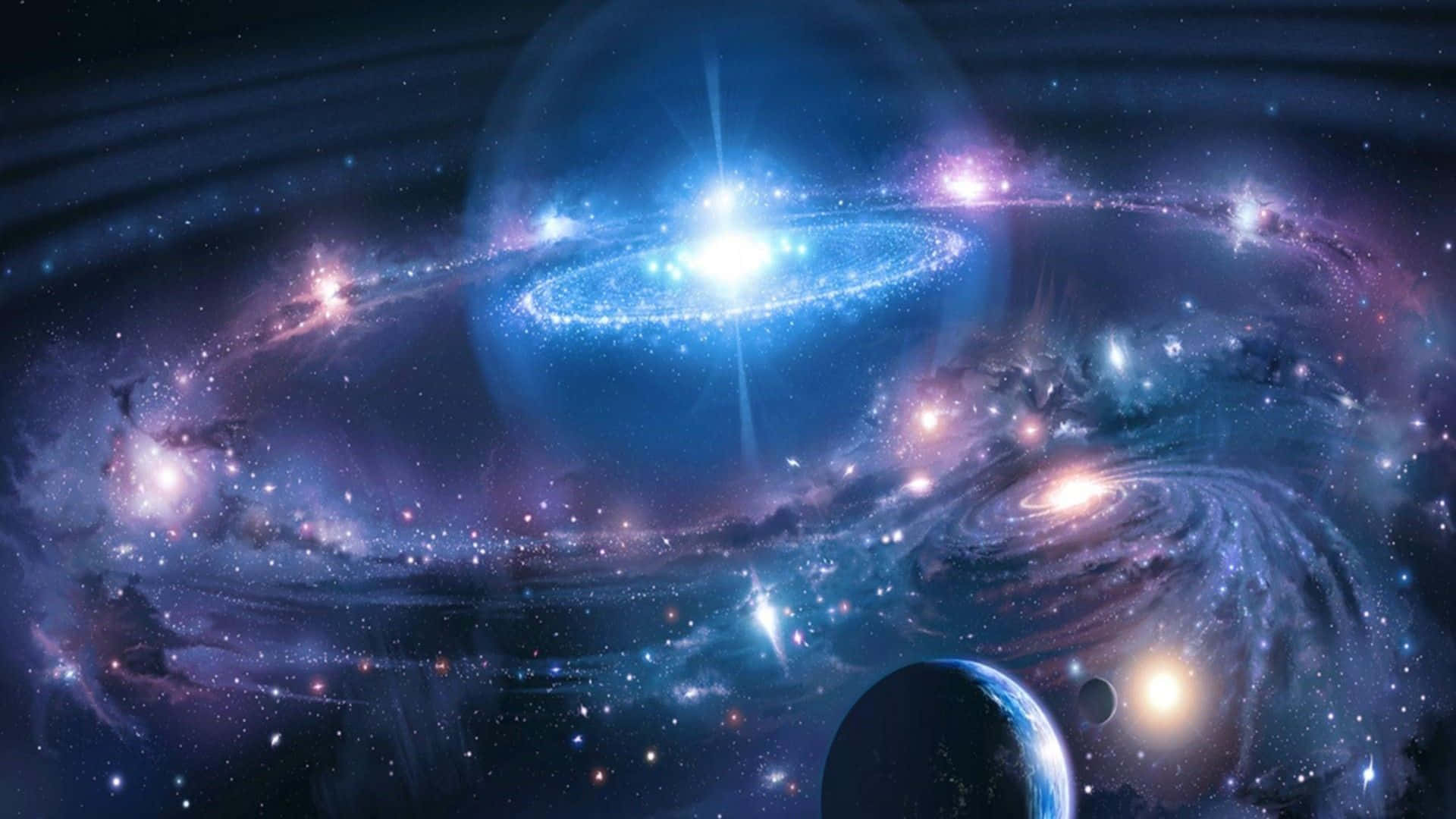 酷炫太空 桌布 壁紙 — 一個令人嘆為觀止的宇宙場景，呈現出旋轉的星系，散發著藍色和紫色的光芒，周圍環繞著恆星和行星。