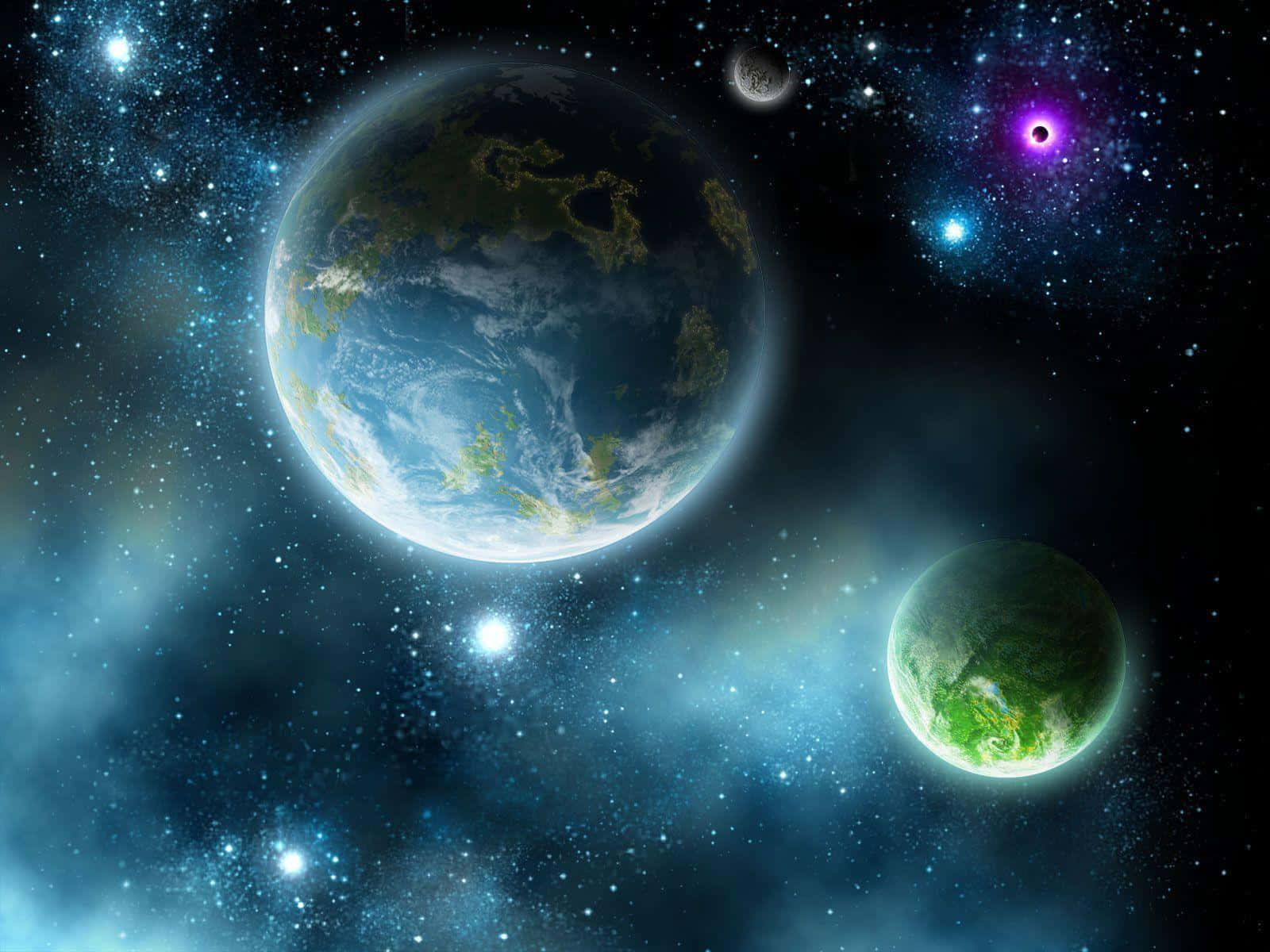 Blue Planet 桌布 壁紙 — 一個令人嘆為觀止的宇宙場景，地球和一顆綠色行星漂浮在星星、星雲和一個紫色黑洞之間。