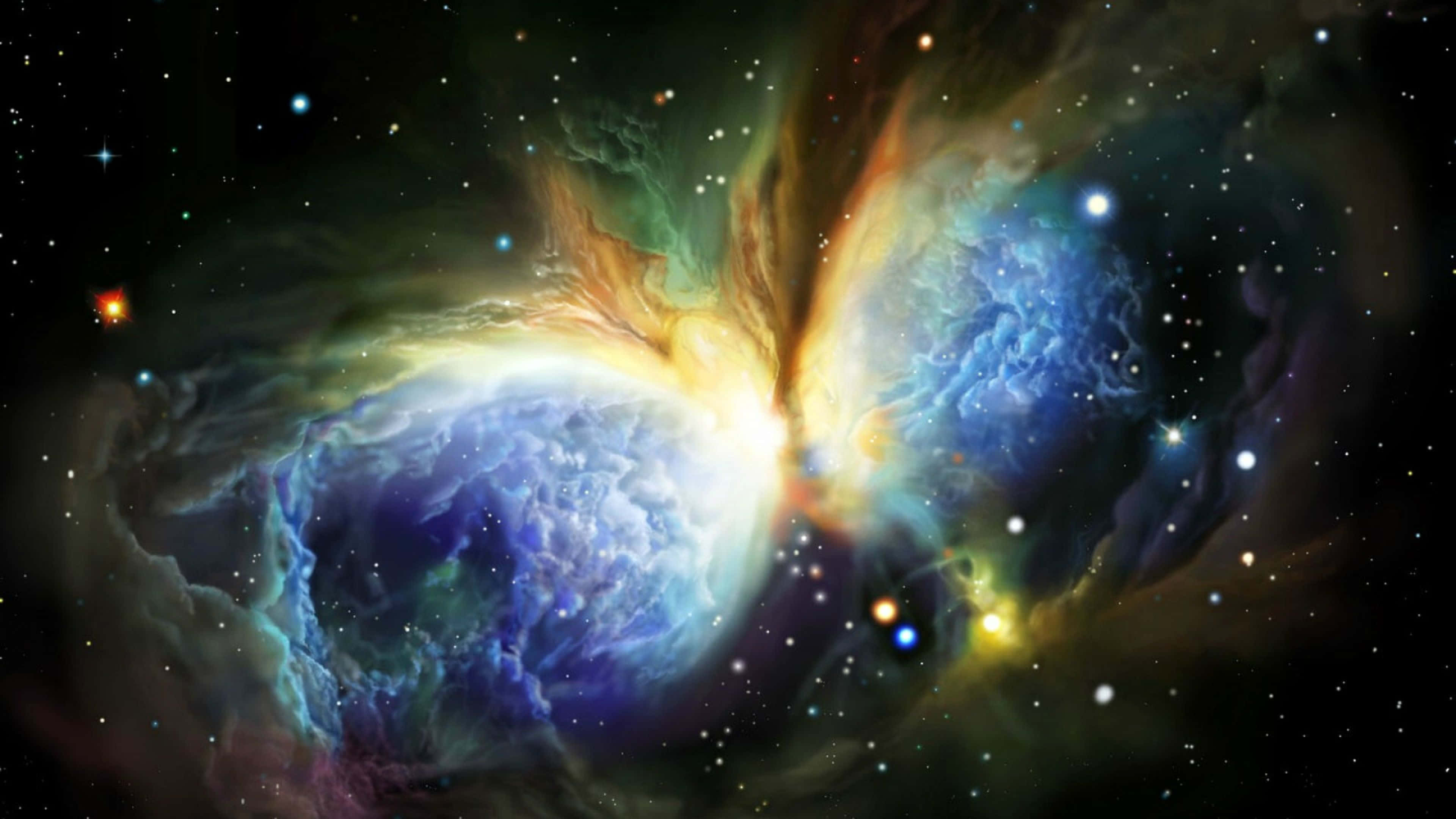 外太空 桌布 壁紙 — 一個令人嘆為觀止的宇宙星雲，帶有旋轉的藍色、綠色和橙色雲層，由明亮的星星在黑暗虛空中照亮。