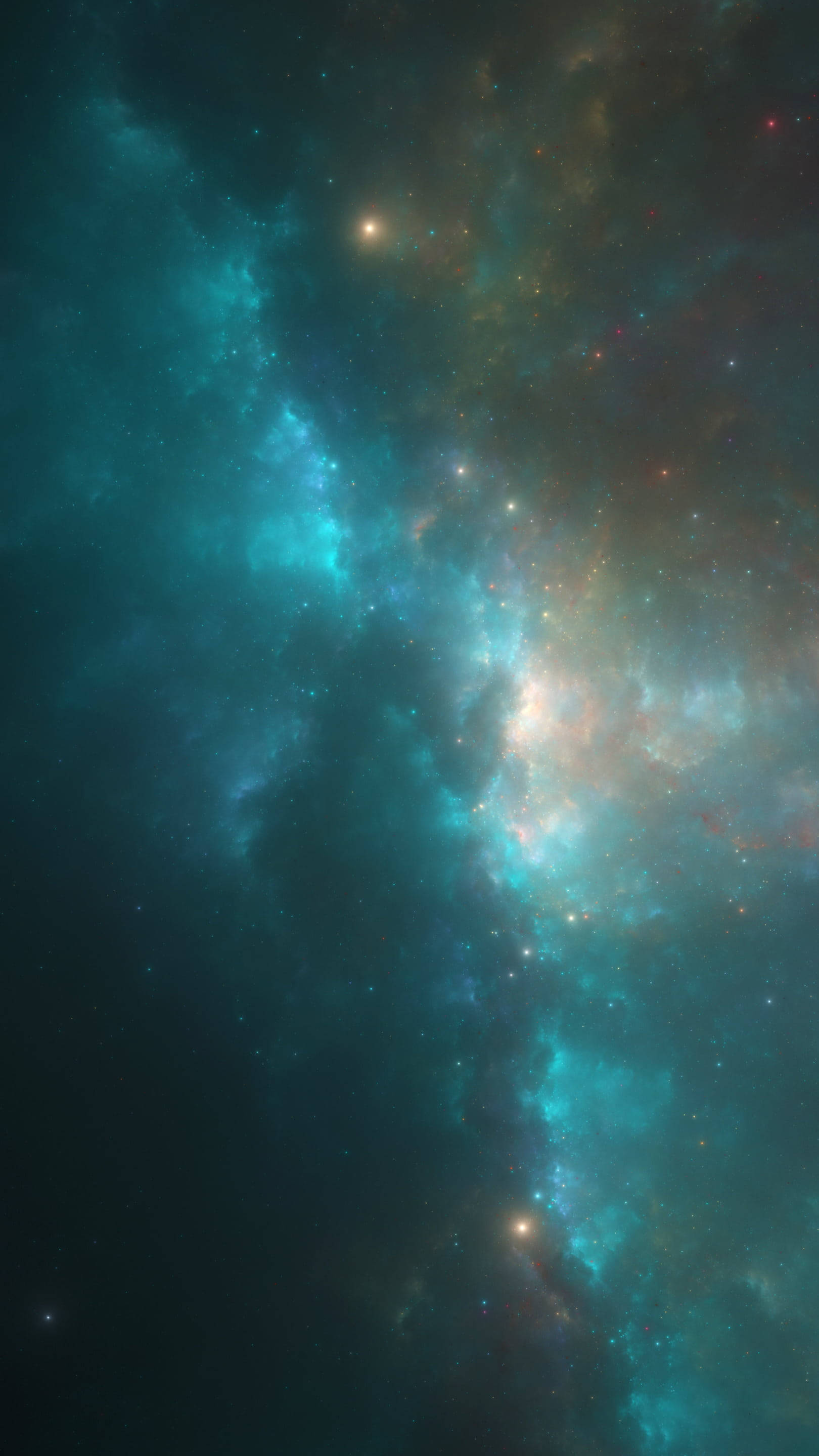 blue space phone 桌布 壁紙 — 一個令人嘆為觀止的宇宙星雲景觀，在繁星點綴的虛空中閃耀著青綠色和金色光芒。