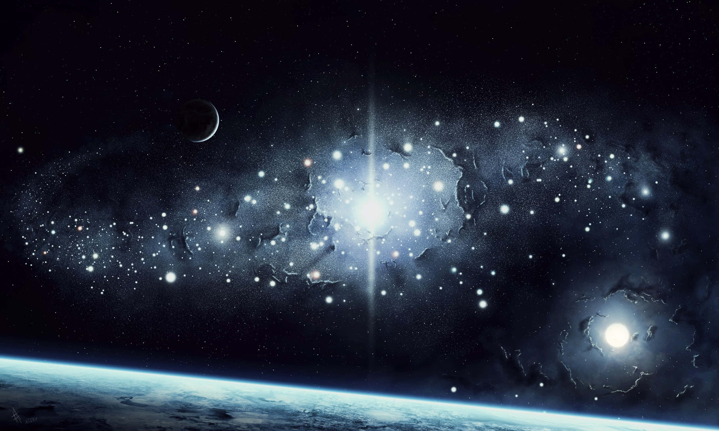 銀河 桌布 壁紙 — 一個令人嘆為觀止的宇宙星雲景觀，明亮的星星和旋轉的宇宙塵埃在行星彎曲的地平線上方發光。