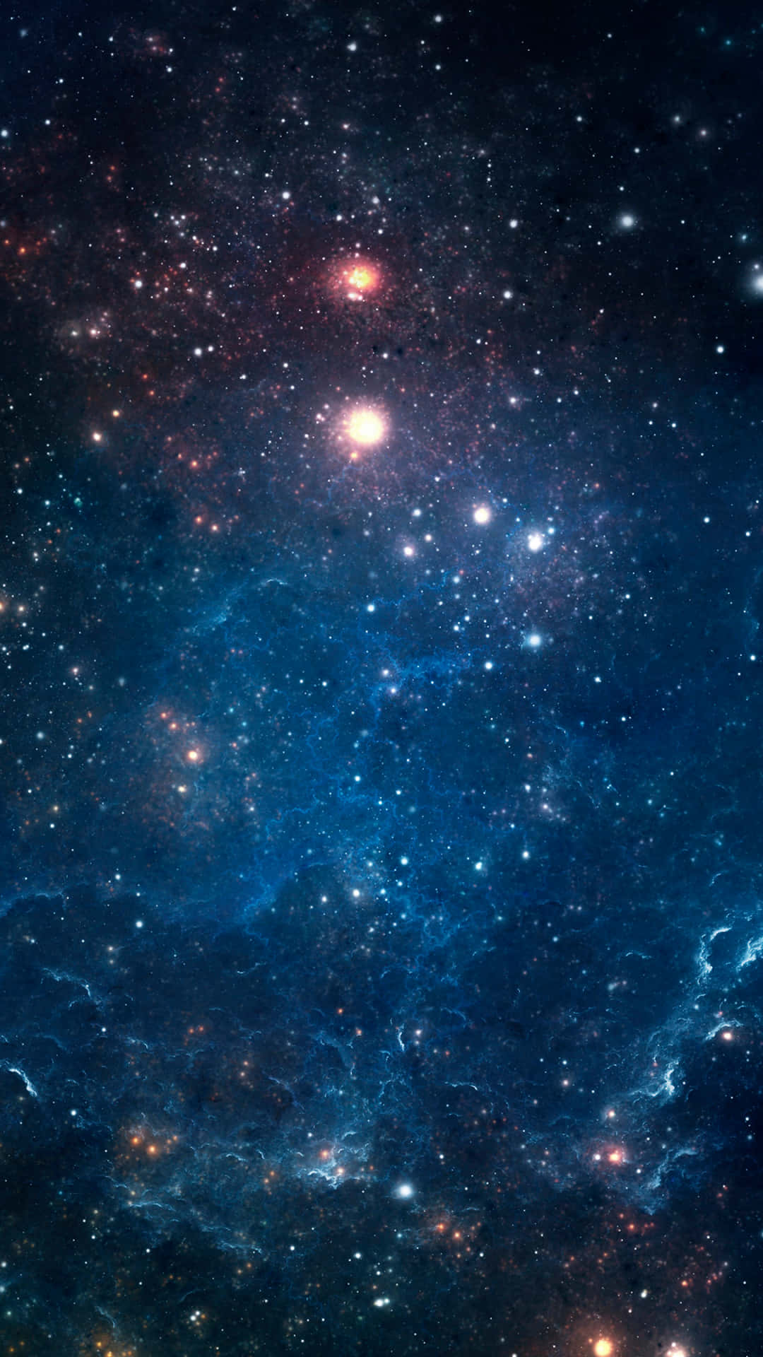 太空電話 桌布 壁紙 — 一個令人嘆為觀止的宇宙星雲景觀，在深邃的黑色虛空中，散發著電光藍色和火熱橙色的星光。