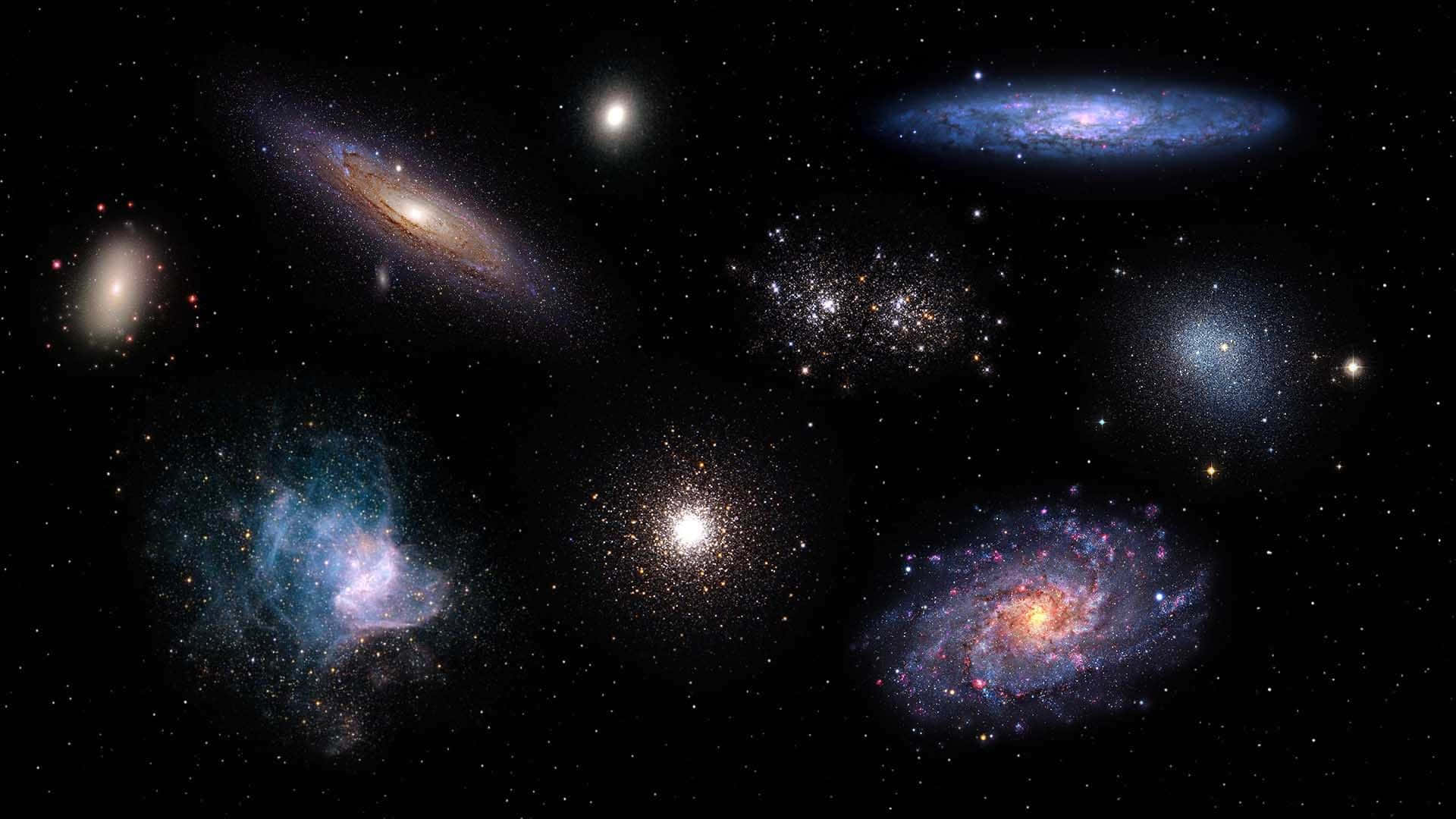 銀河 桌布 壁紙 — 一個令人嘆為觀止的宇宙景觀，充滿活力的螺旋星系和發光的星雲散落在佈滿星辰的黑色虛空中。