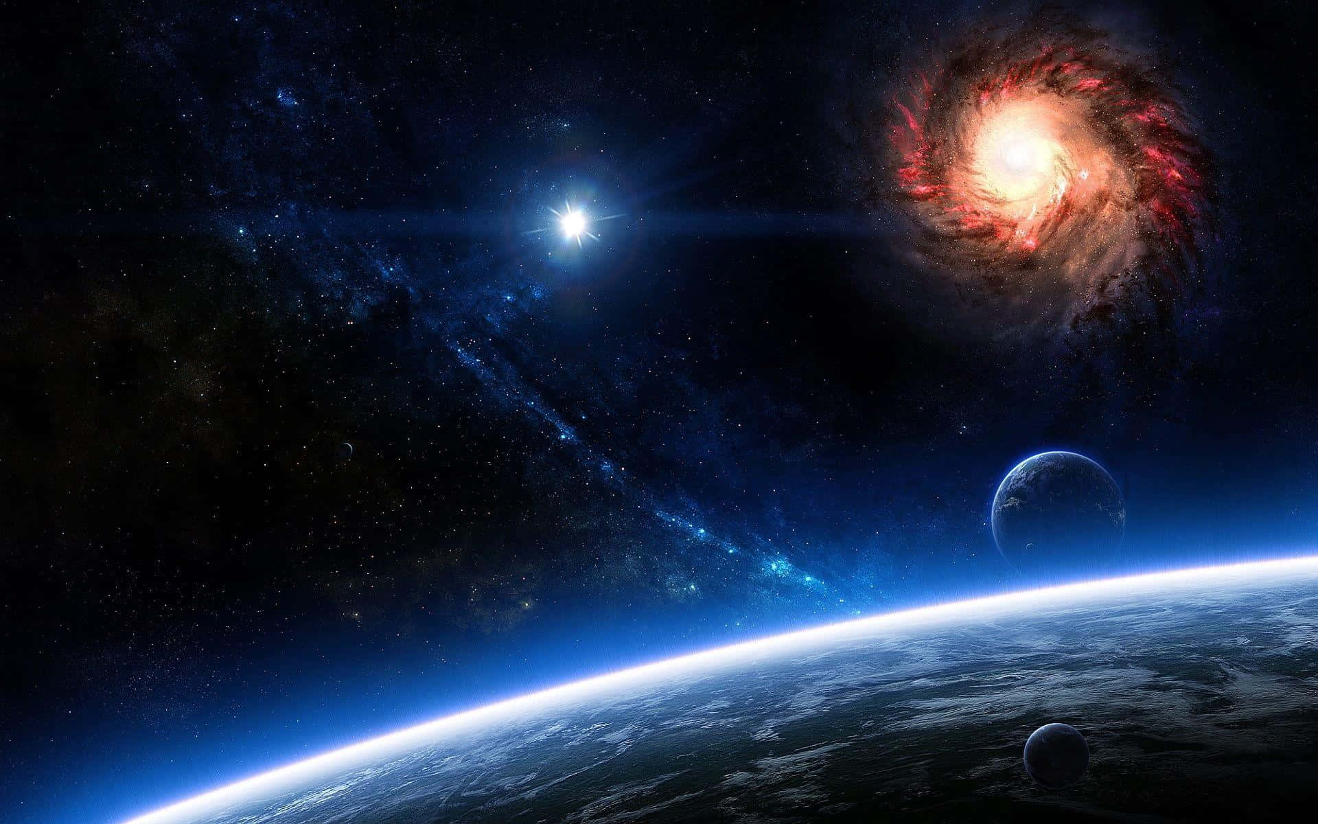 酷炫太空 桌布 壁紙 — 一個令人嘆為觀止的宇宙景觀，展示了一個發光的螺旋星系、一顆明亮的恆星和一顆擁有藍色大氣層的行星，背景是繁星點點的虛空。
