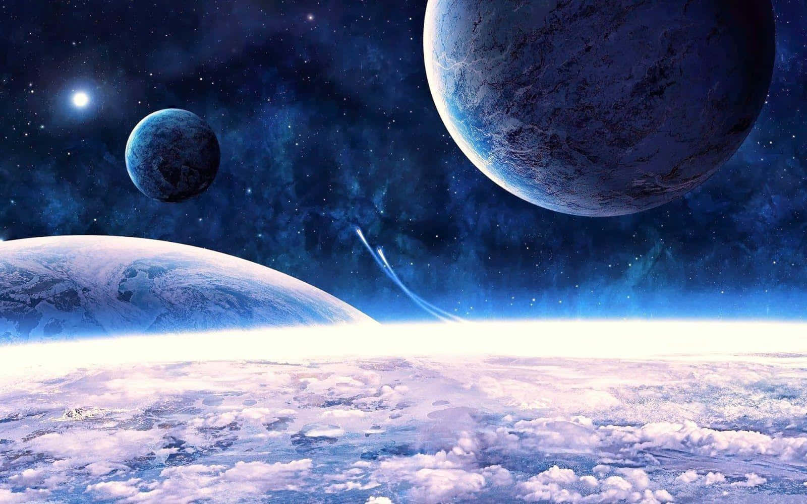 行星動畫 桌布 壁紙 — 一個令人嘆為觀止的宇宙景觀，有三顆行星和一顆明亮的恆星，背景是繁星點點的藍色星雲。