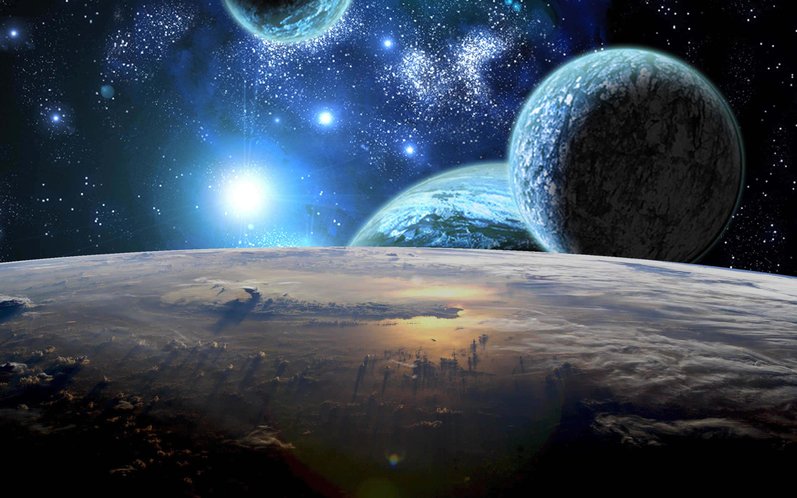 Mind-blowing 桌布 壁紙 — 一個令人嘆為觀止的宇宙景觀顯示一顆發光的太陽照亮了行星的雲層，背景中漂浮著外星世界和繁星點點的星系。