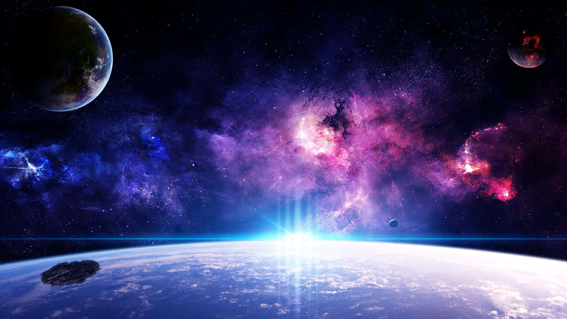 1920 X 1080 Nebula 桌布 壁紙 — 一個令人嘆為觀止的宇宙景觀顯示了地球彎曲的地平線在日出時發光，背景是充滿星星和遙遠行星的充滿活力的紫色和藍色星雲。