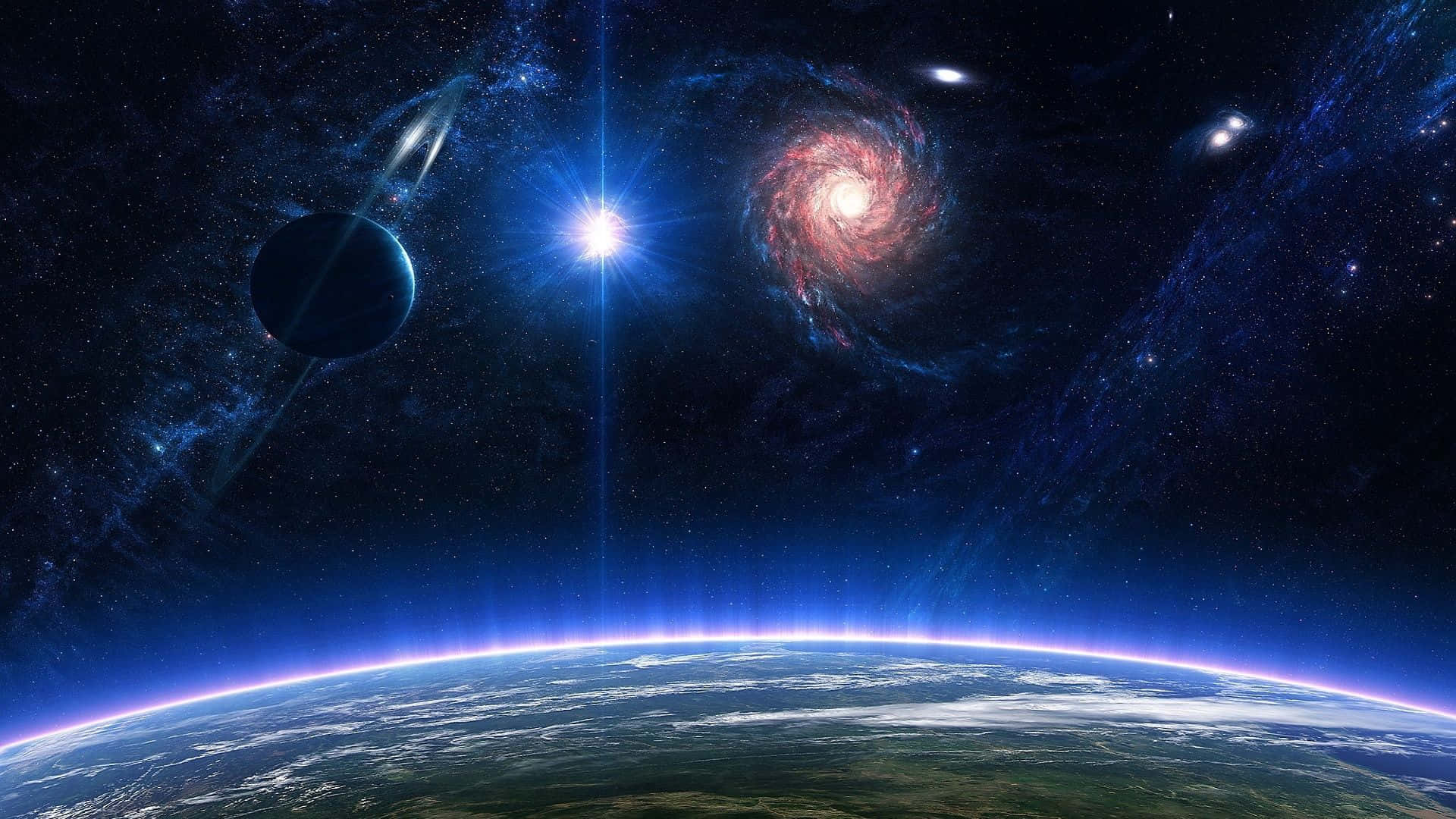 銀河 桌布 壁紙 — 一個令人嘆為觀止的宇宙景觀顯示了地球彎曲的地平線，在繁星點點的背景下，伴隨著一顆明亮的星星、一顆行星和一個旋轉的螺旋星系，散發著藍色極光的光芒。