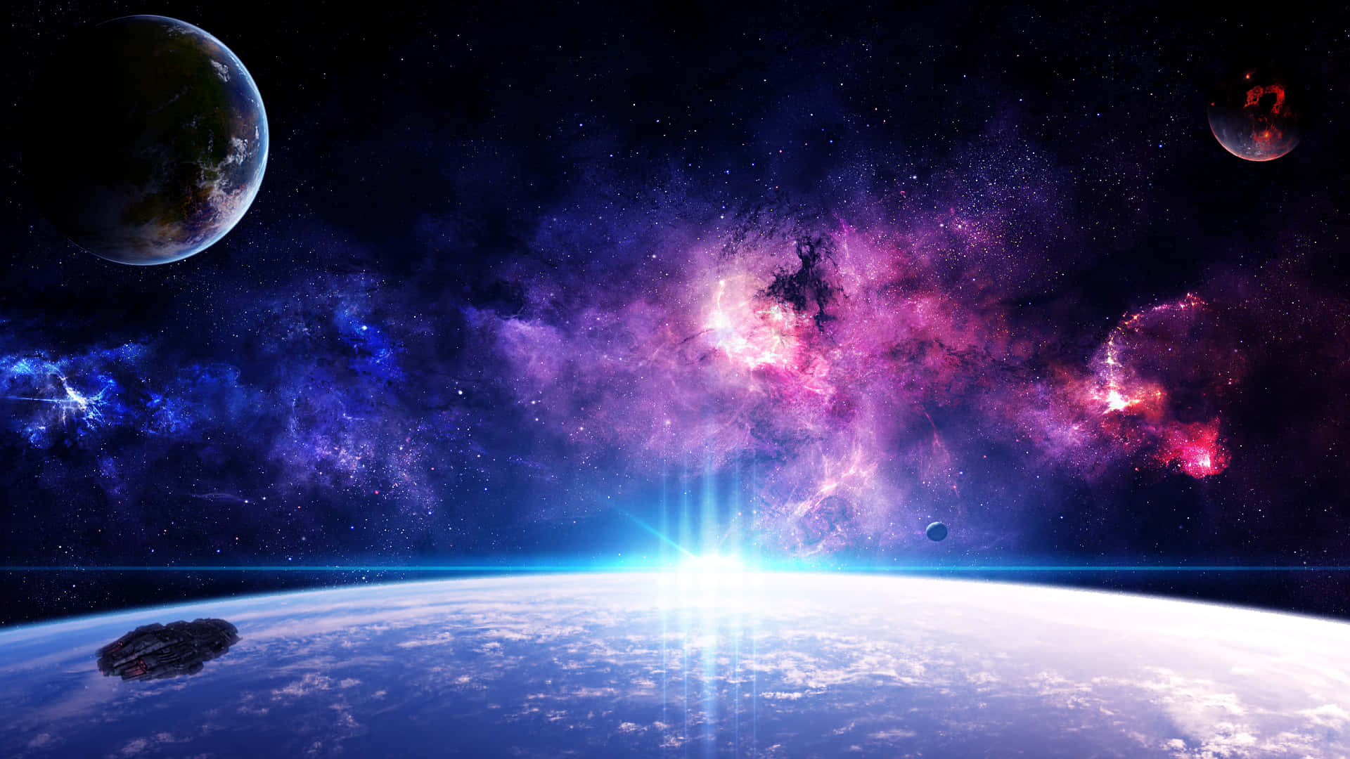 Fantasy Space 桌布 壁紙 — 一個令人嘆為觀止的宇宙景觀顯示出在行星彎曲的地平線上方，有遠方的衛星和星星，以及一個發出鮮豔紫色和藍色光芒的星雲。