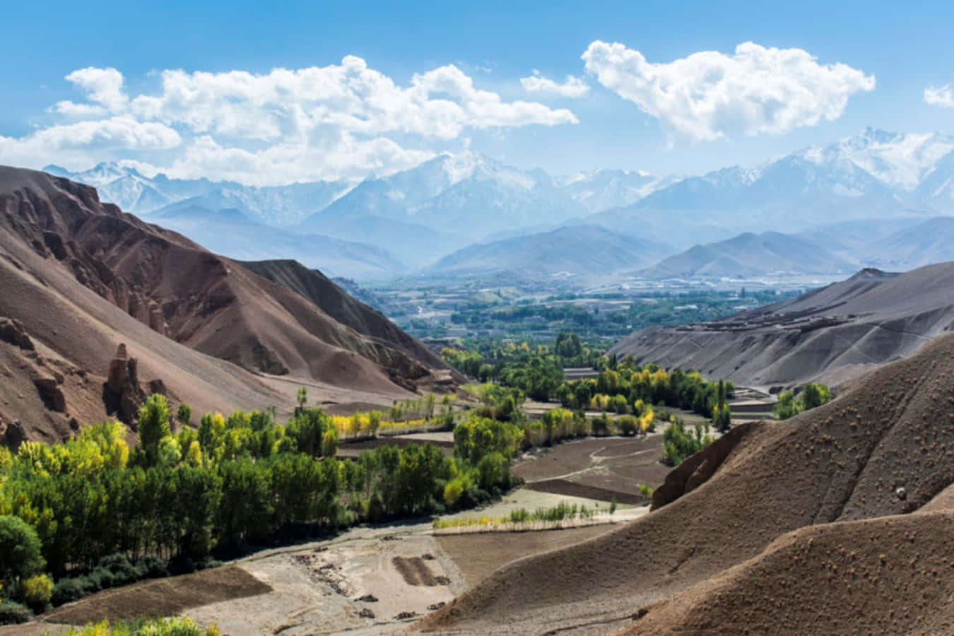 Afghanistan 桌布 壁紙 — 一個令人嘆為觀止的山谷，梯田和綠樹點綴在乾旱的山丘之間，在明亮的藍天下，有蓬鬆的雲朵和遠處的雪山。