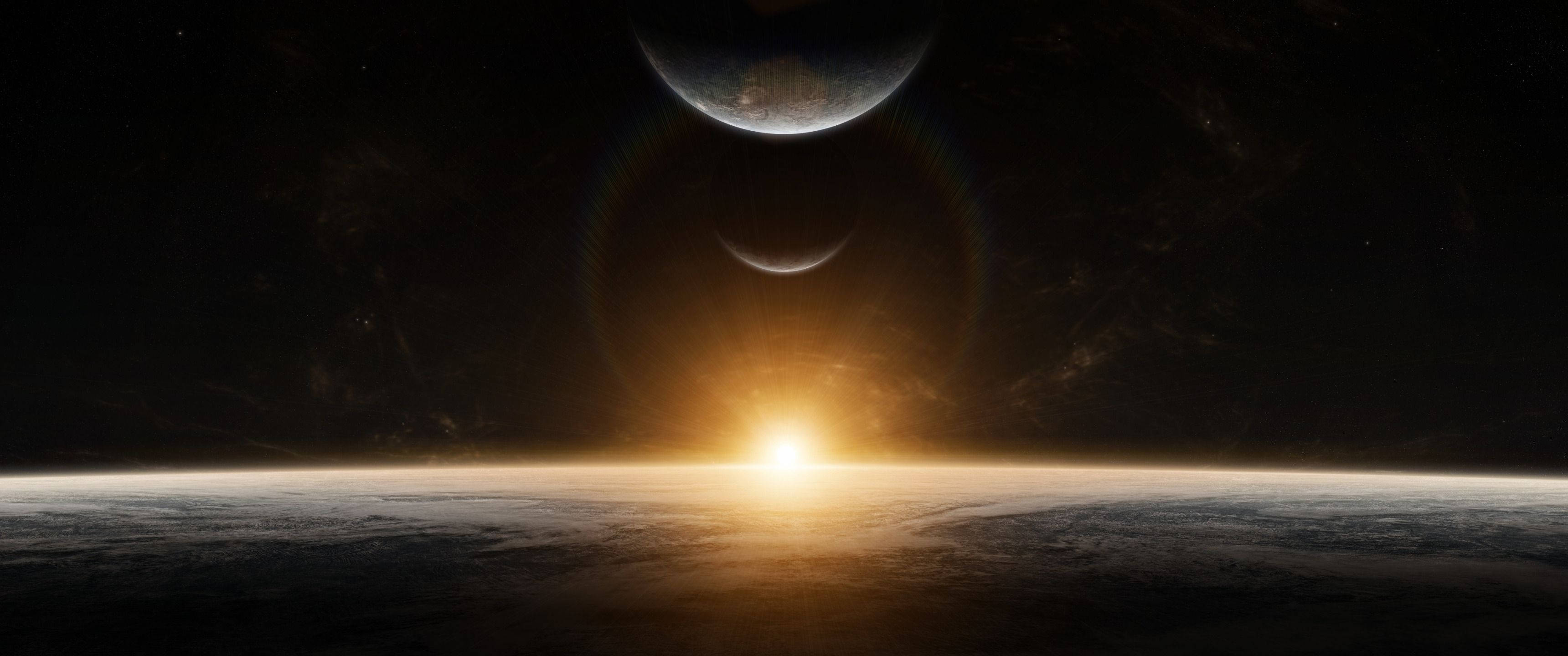 行星動畫 桌布 壁紙 — 一個令人嘆為觀止的日出，在一個外星行星上，兩個衛星在宇宙天空中投下戲劇性的陰影。