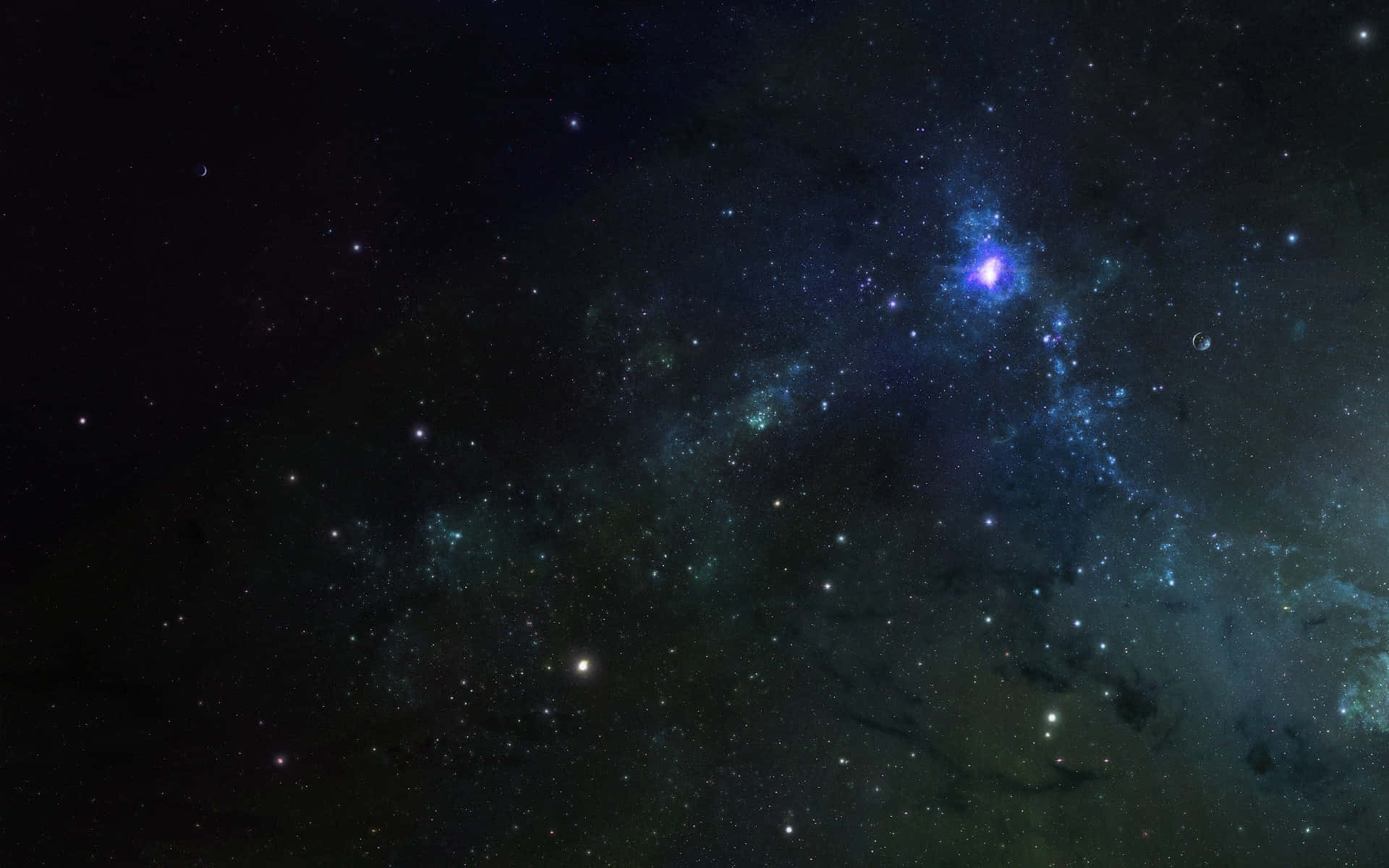 太空 桌布 壁紙 — 一個令人嘆為觀止的星空星系景觀，在深邃的宇宙黑色背景下，閃爍著藍色星雲和散落的星星。