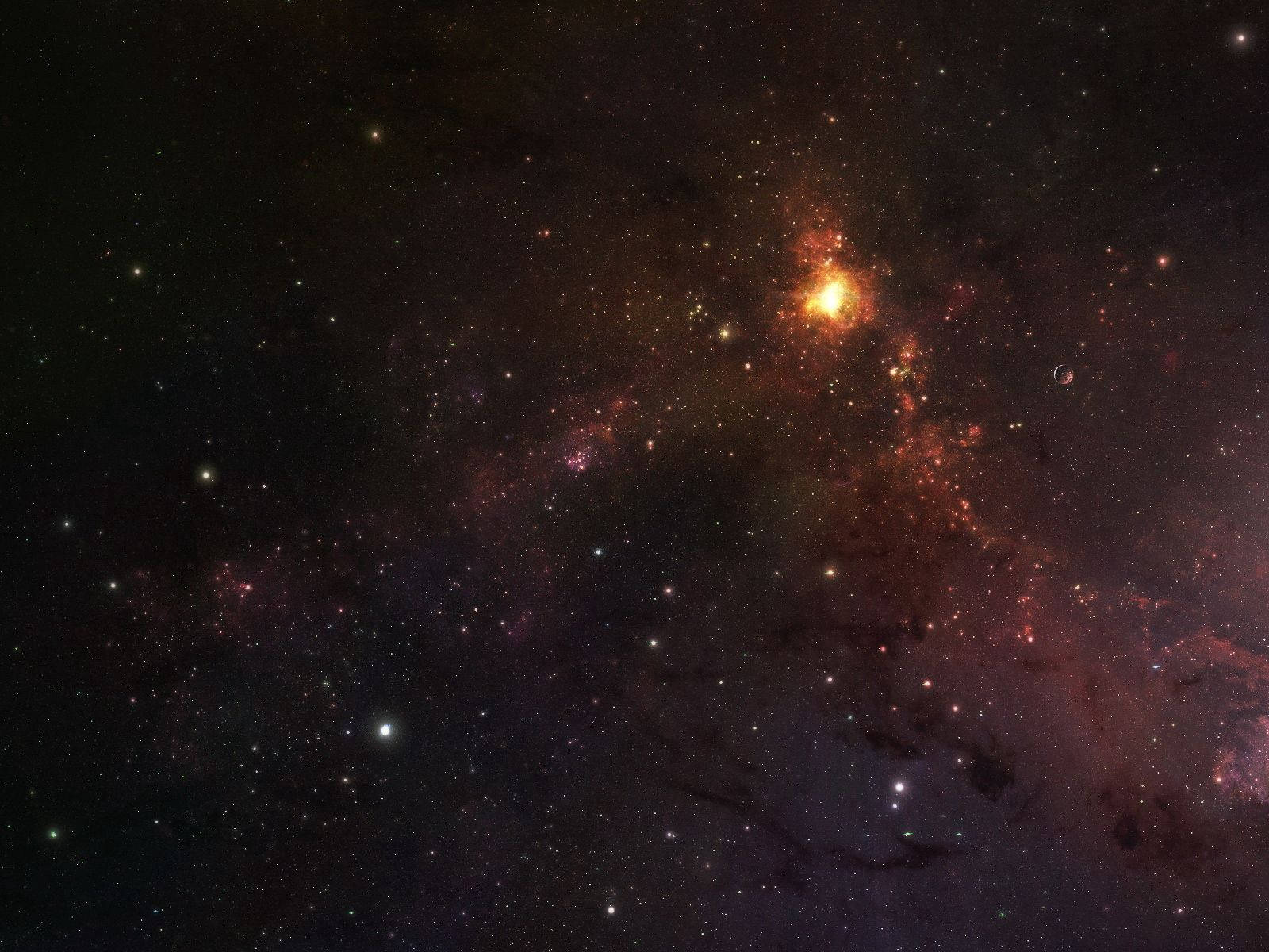 星星動圖 桌布 壁紙 — 一個令人嘆為觀止的景色，充滿活力的宇宙星雲在佈滿星星的黑色虛空中散發著橙色和紫色的光芒。