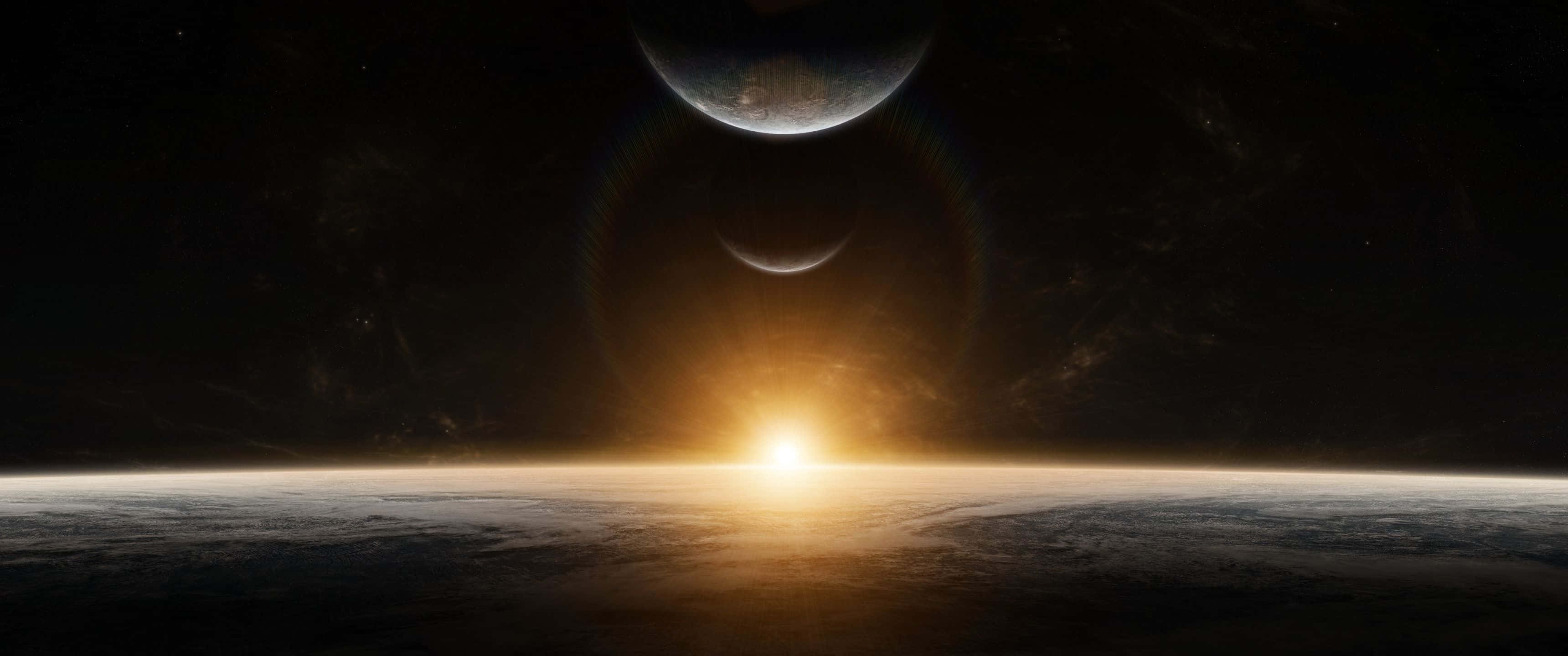 外太空 桌布 壁紙 — 一個令人嘆為觀止的景色，在外星行星上日出，兩個月亮在星空下投射出戲劇性的陰影。