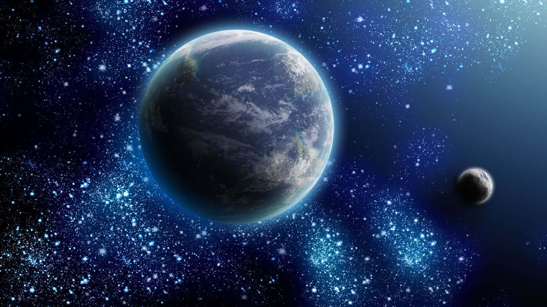 月亮與星星 桌布 壁紙 — 一個令人嘆為觀止的景色，地球和它的月亮在佈滿星星的宇宙藍色廣闊空間中閃耀。