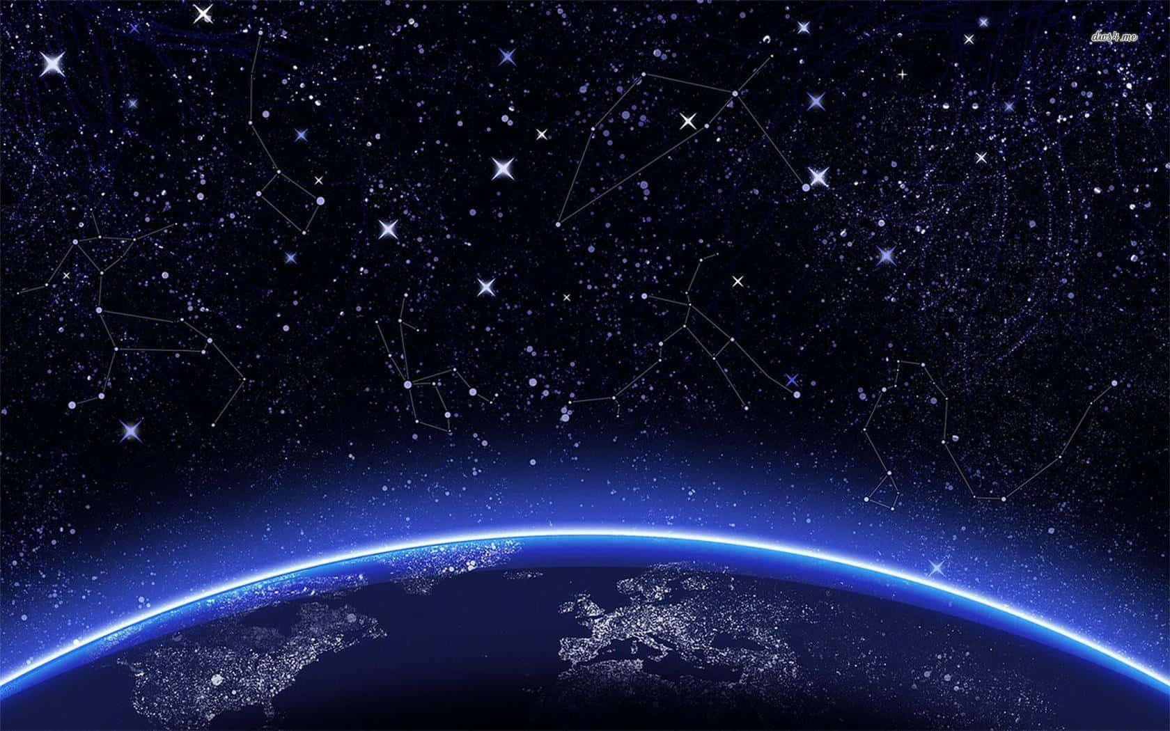 Constellations 桌布 壁紙 — 一個令人嘆為觀止的景色，地球彎曲的地平線在充滿相連星座的廣闊星空下閃耀著城市燈光。