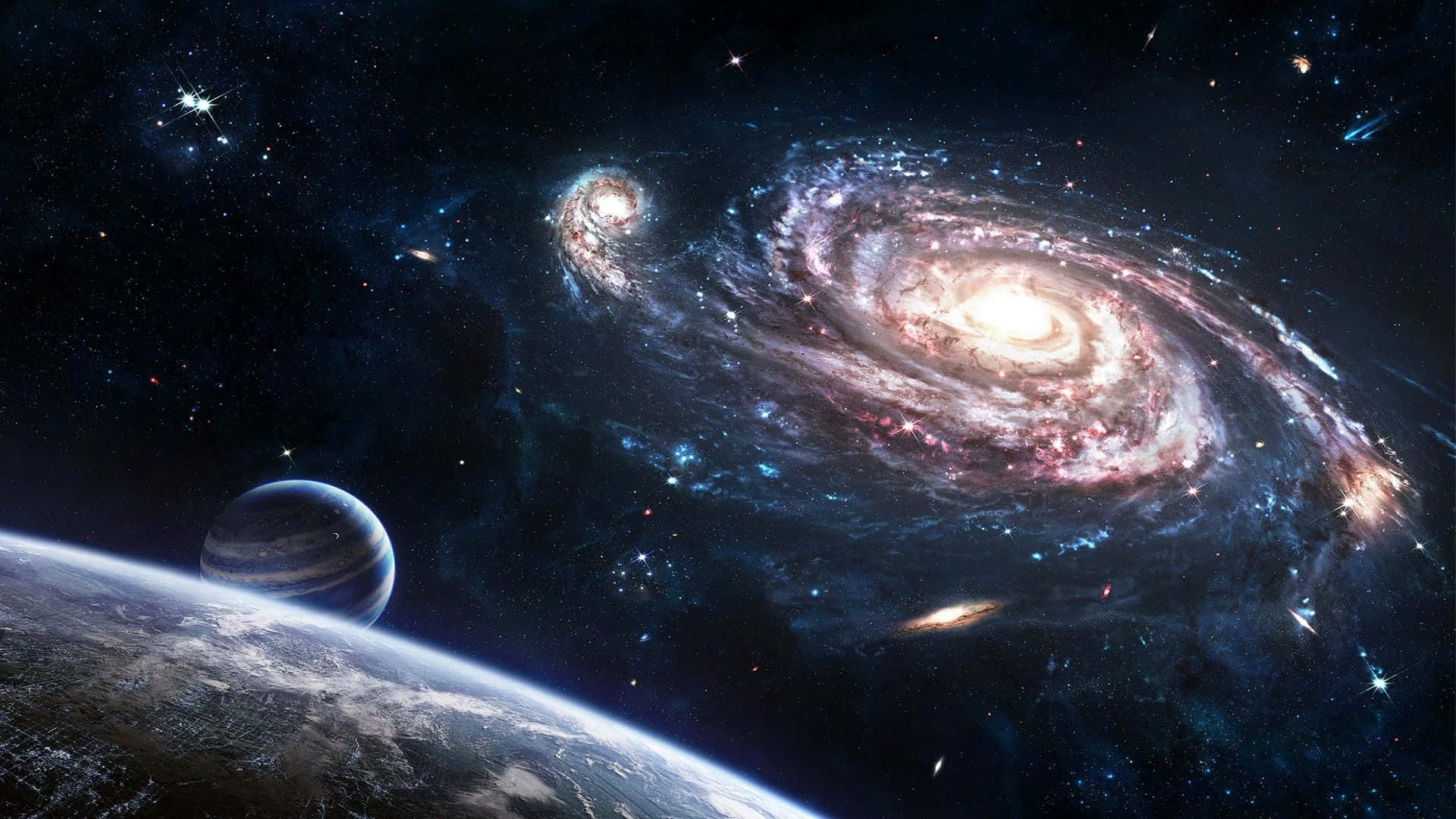 銀河 桌布 壁紙 — 一個令人嘆為觀止的景色，螺旋星系在佈滿星星的行星彎曲地平線上方發出粉紅色和藍色的光芒。