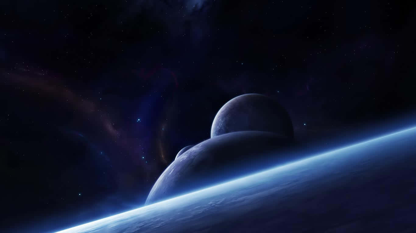 Dark Sky 桌布 壁紙 — 一個令人嘆為觀止的景色，行星彎曲的地平線在星光燦爛的宇宙背景下發出藍光，遠處還有衛星。