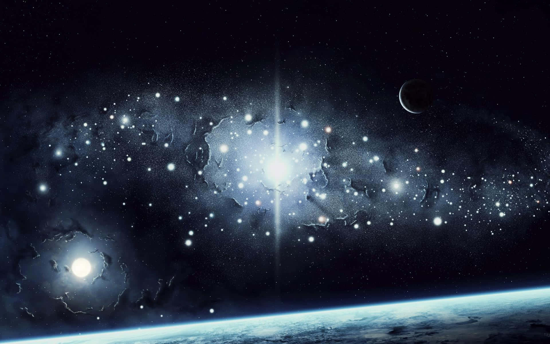 月亮與星星 桌布 壁紙 — 一個令人嘆為觀止的景觀，展現了行星彎曲地平線上方發光的星雲和遙遠的星星，天空中還有一輪月亮。