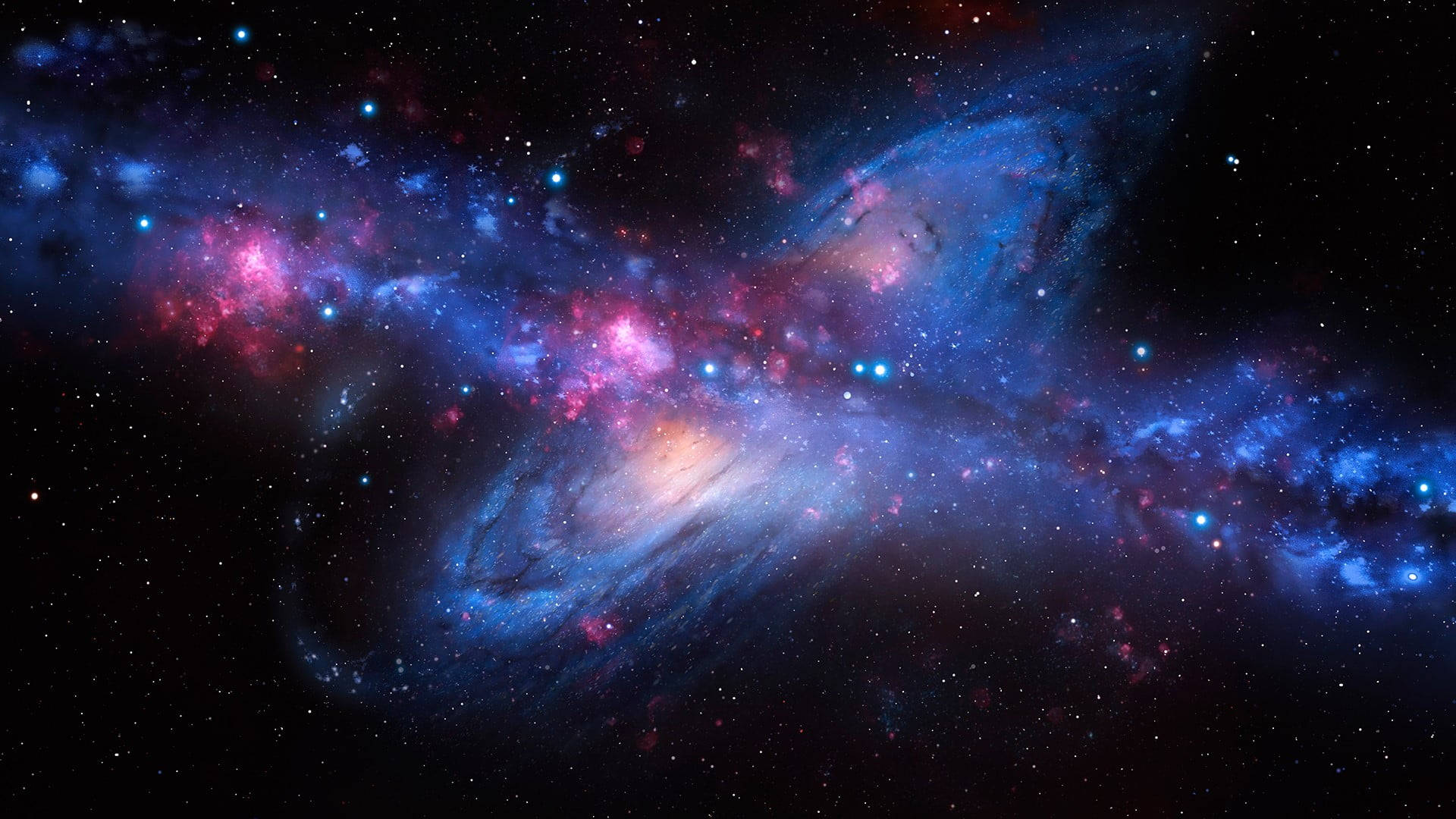 Stars 桌布 壁紙 — 一個令人嘆為觀止的景觀，展示了一個旋轉的星系，帶有鮮豔的藍色和粉紅色星雲，背景是繁星點點的宇宙。