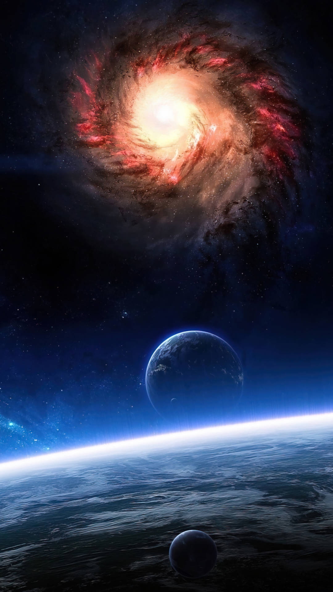 一個螺旋星系位於一個有兩個衛星的藍色行星之上的景象 — 外太空 GIF 壁紙