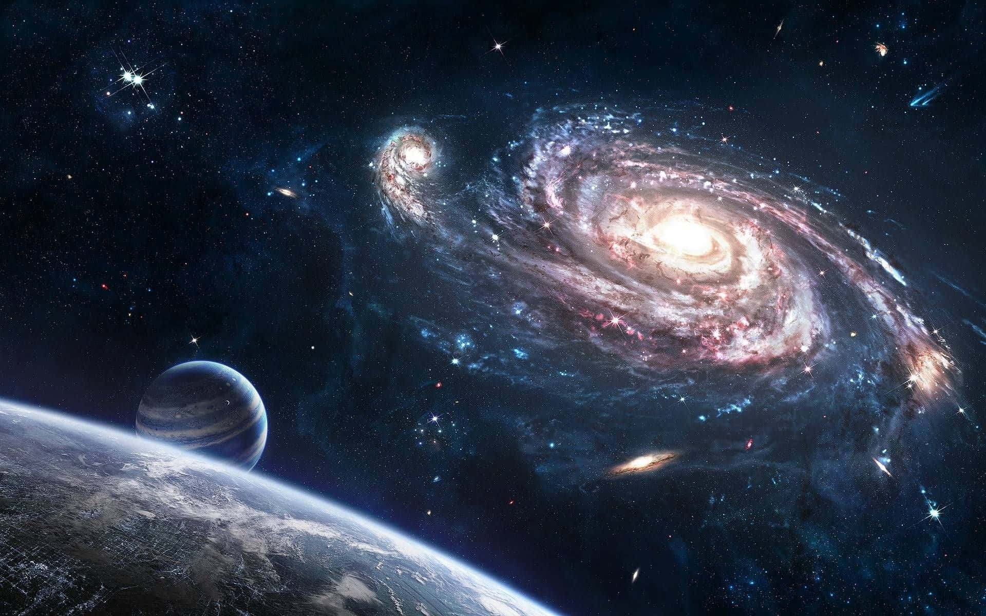 外太空 桌布 壁紙 — 一個令人嘆為觀止的景象：一個螺旋星系散發著粉紅色和藍色的光芒，懸浮在一個點綴著城市的行星彎曲地平線之上。