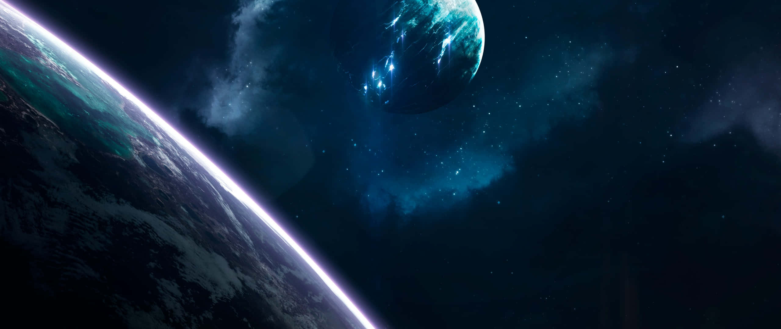 桌布 壁紙 — 一個令人嘆為觀止的景象：一個被雪覆蓋的行星在星光燦爛的宇宙背景下彎曲，伴隨著一顆發光的藍色月亮。
